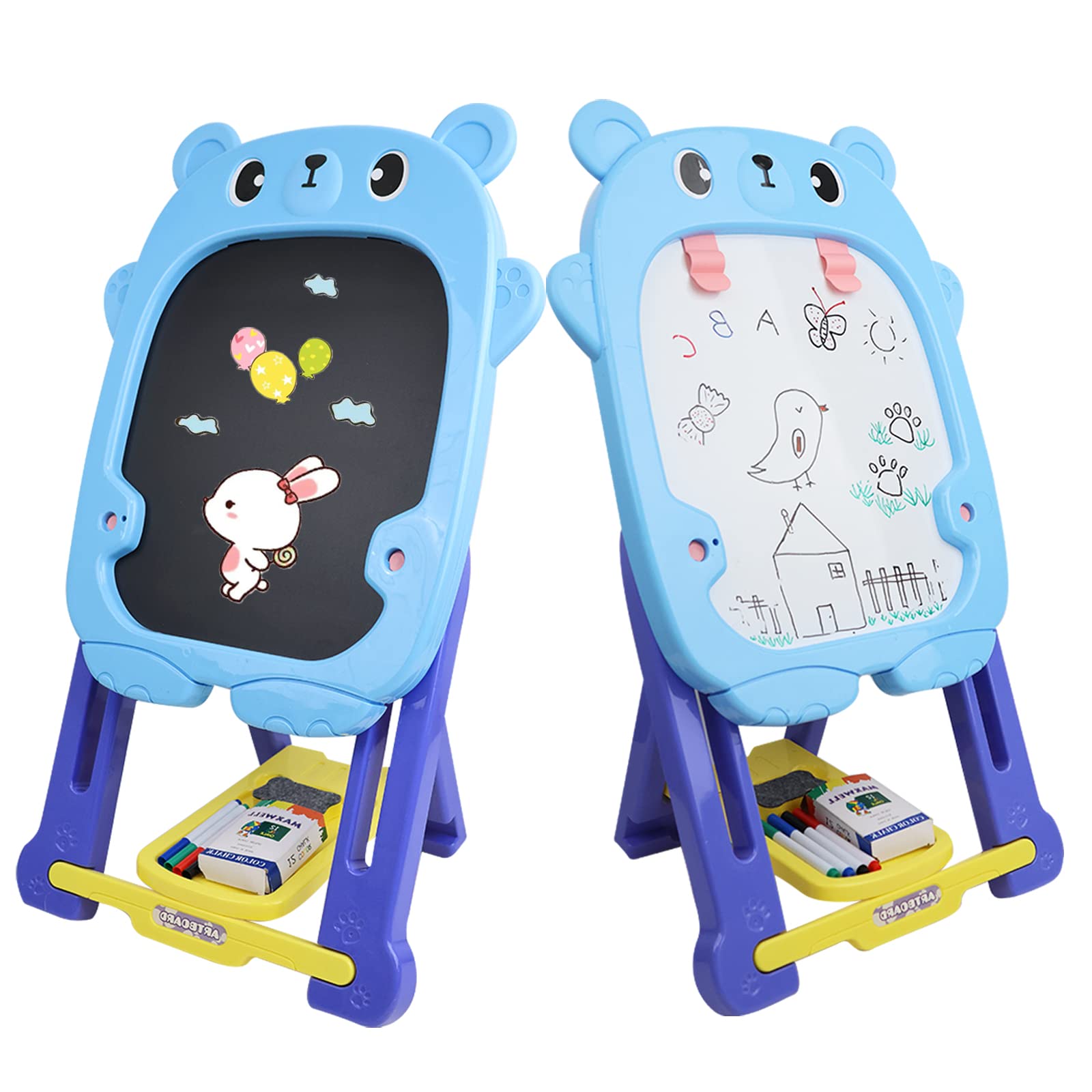 Art Easel for Kids, Double Sided Art Drawing Board with Board for Whiteboard, Toddler Easel with Painting Accessories for Boys and Girls (Blue)