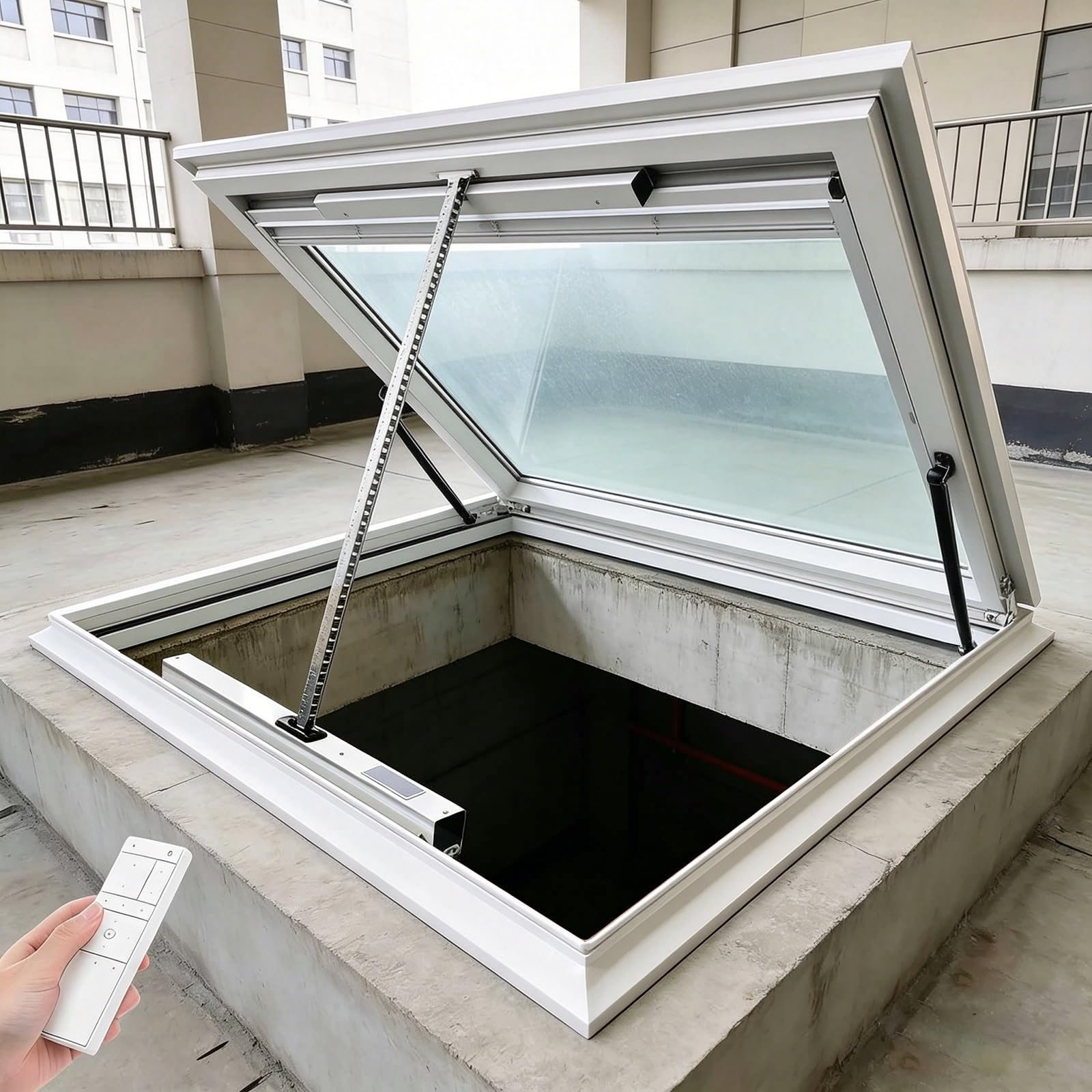 Ventana de Techo Eléctrica con Mando a Distancia y Sensor de Lluvia, Claraboya Inteligente de Vidrio Templado Doble, Ventana de Tejado para Ático, Sótano e Invernadero(White,LxW 60 x 50 cm)