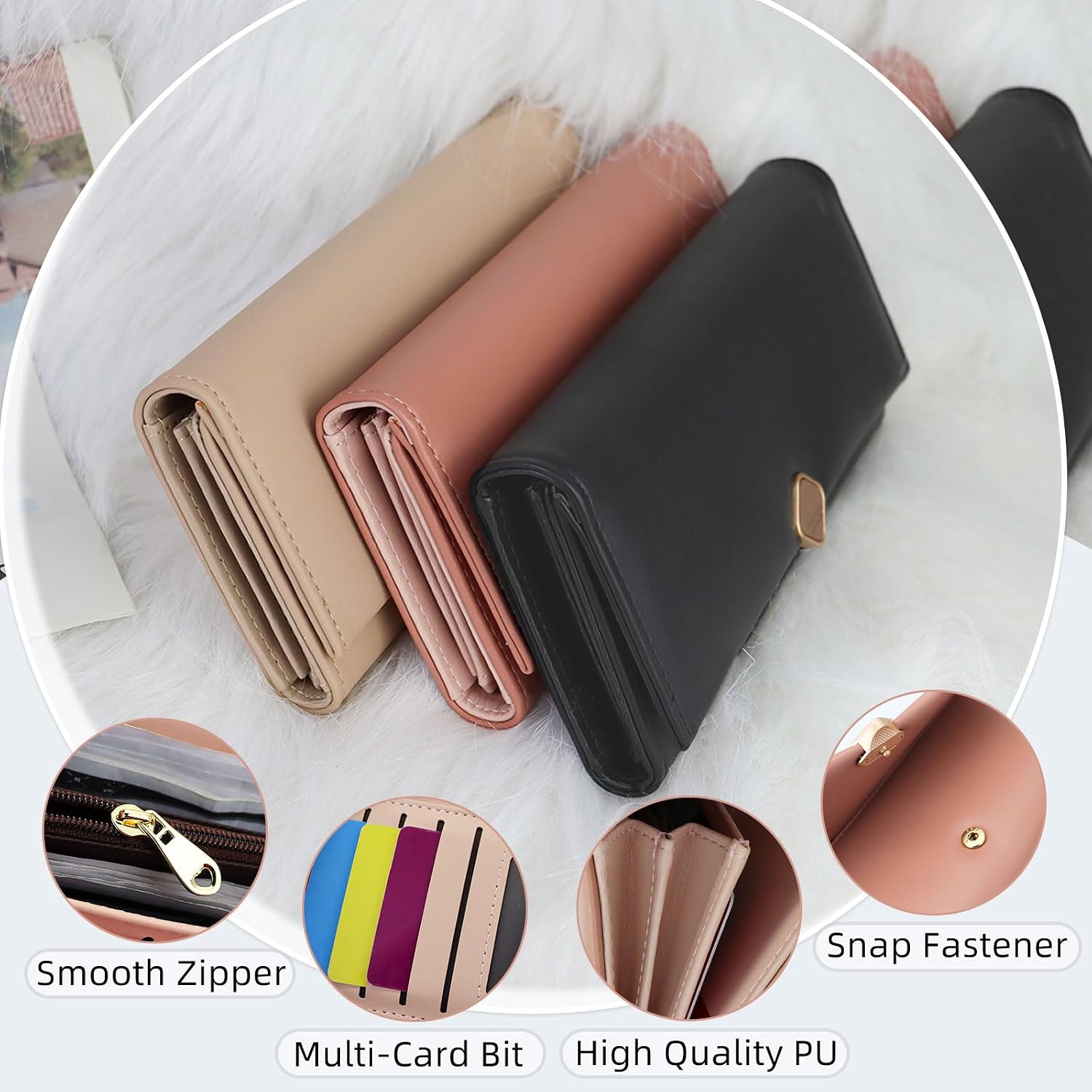 Clutch Wallet for Women, Women's Wallets with Square Snap Decoration and Zipper Coin Pocket, Credit Card Wallet for 9 Card Slots and ID Window (Pink)