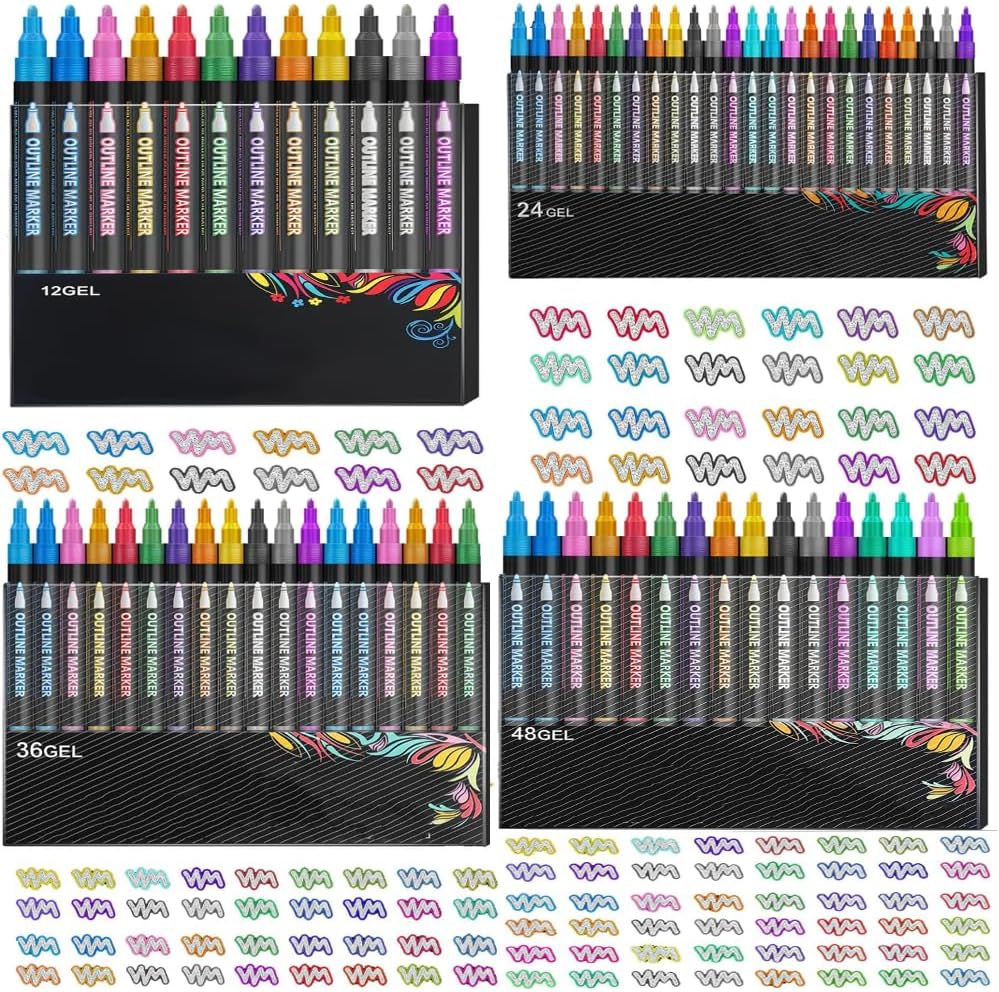 12/24/36/48 Colors Dreamy Sparkle Dual-Line Contour Pen, Quick-drying Self Outlining Glitter Markers, Double Line Outline Marker for Glass, Birthday Greeting Card, Doodling, DIY Art Crafts (48 Colors)