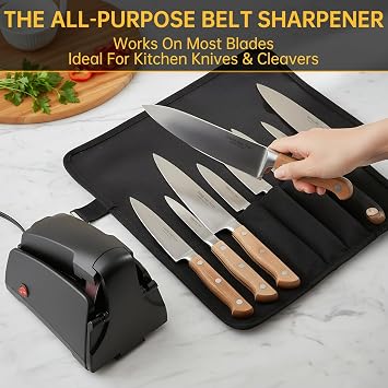 Electric Knife Sharpener Band Knife Sharpener Professional Knife Sharpener with Interchangeable Sanding Belts Kitchen Knife Sharpener with 4 Grinding Gradations for Hobby Chefs and Foodies