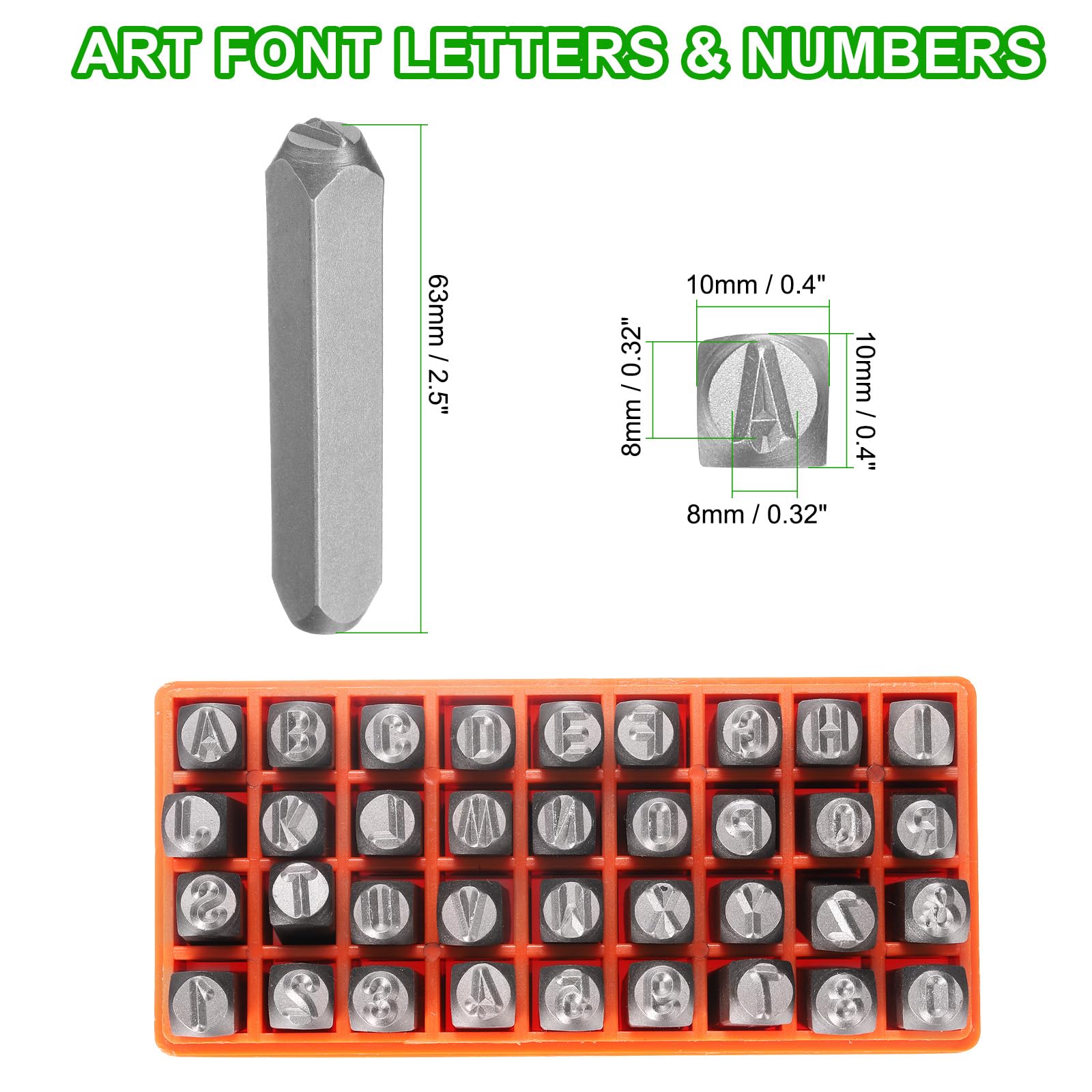 HARFINGTON Juego de 36 piezas de estampación de metal de 8 mm, juego de punzones de letras y números en mayúsculas de acero (A-Z / 0-8 / "&" símbolo) herramienta de prensa de perforación con funda