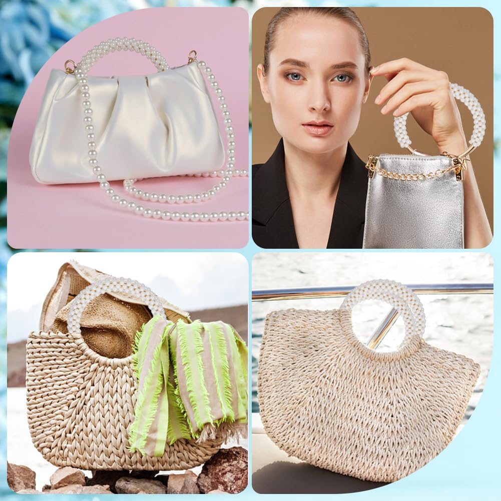 Beebeecraft Pearl Bag Handles White Round Beads Purse Handles Replacement Accessories with Iron Findings for DIY Handmade Woven Crocheted Beach Straw Handbags Making Supplies Decorations 12.35cm - Image 5