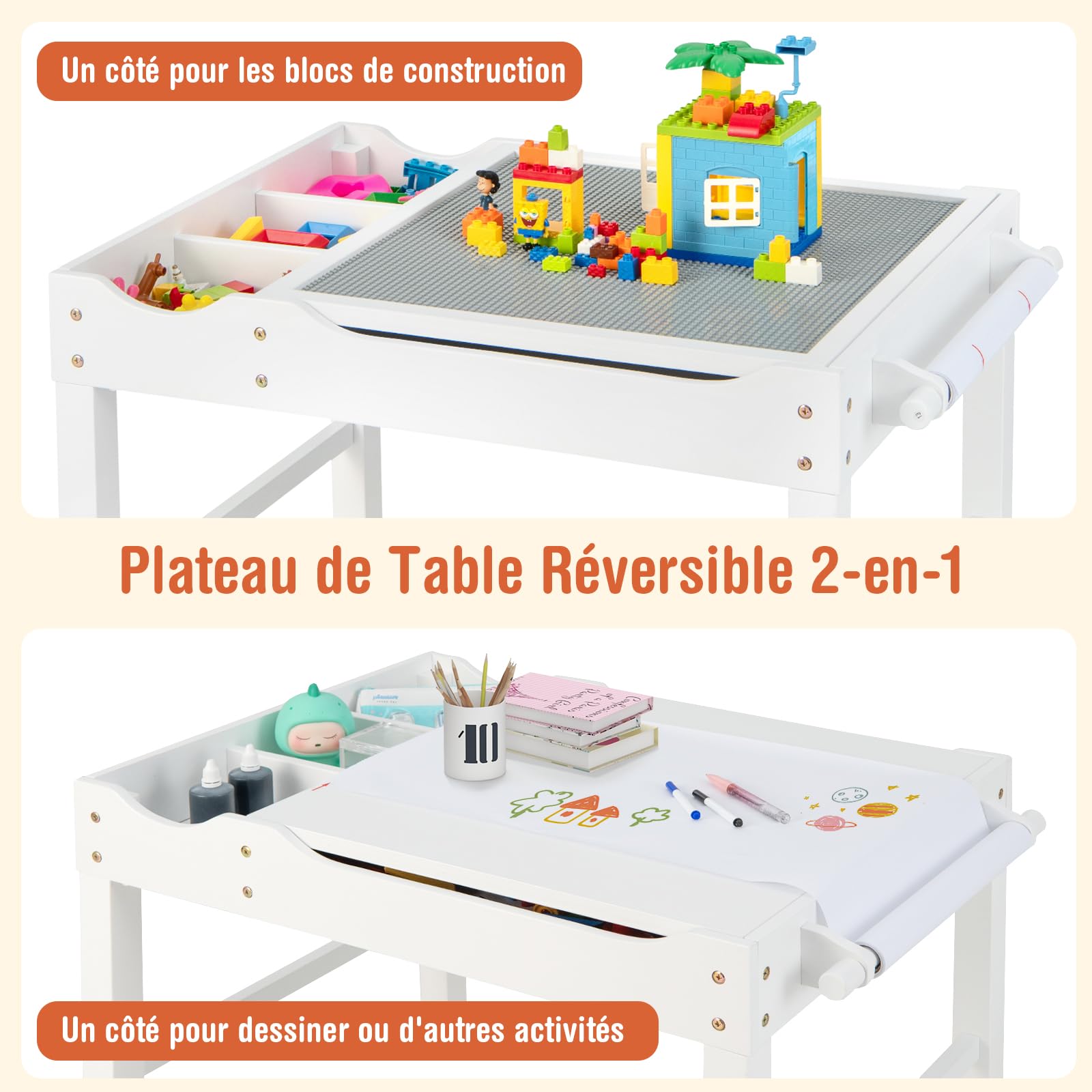 COSTWAY 2 en 1 Table de Blocs de Construction Enfants avec Plateau Réversible, Table Multi-activités en Bois avec Rouleau de Papier, Espace de Rangement, Bureau pour Lire Dessiner Jouer, 3 Ans+