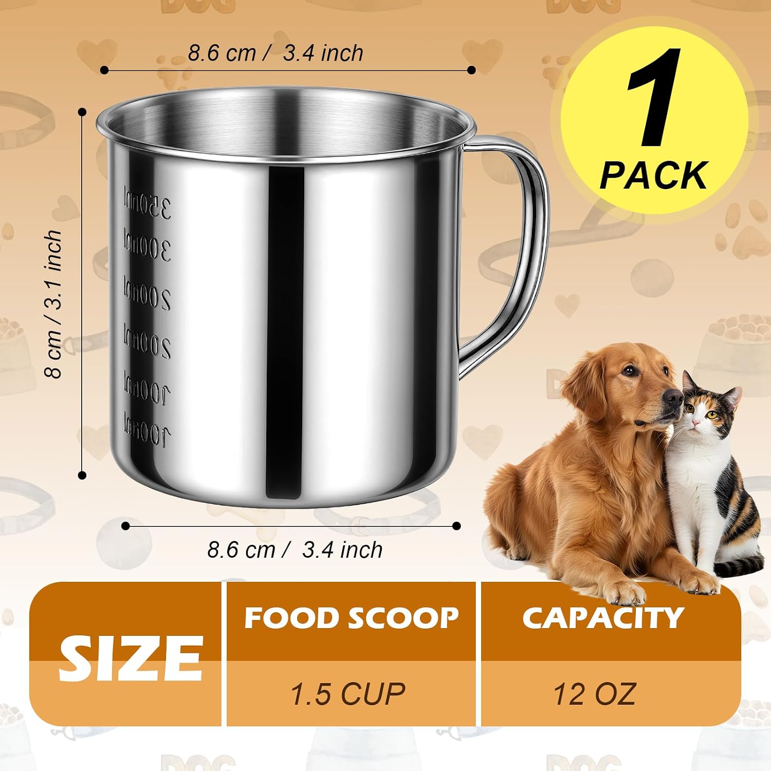 Dog Food Scoop 1.5 Cup,304 Stainless Steel Dog Food Measuring Cup,1.5 Cup Pet Food Scoop for Dogs Cats