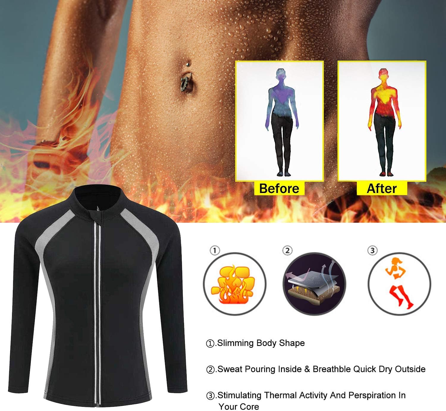 NonEcho Women Sauna Suit Waist Trainer Jacket Hot Sweat Top Neoprene Body Shaper Workout Suit Running Cycling Jersey Black - Image 5