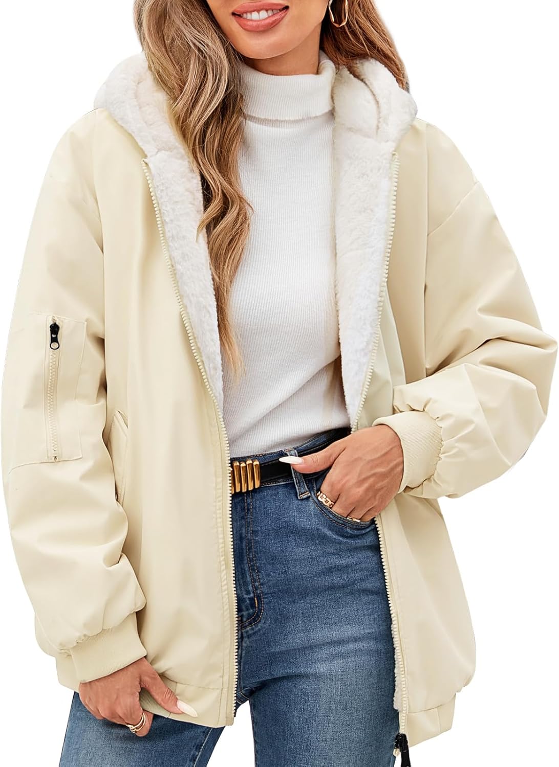 Tuopuda Damesjas, winter, gevoerd, warm, omkeerbaar, sherpa-fleece, oversized, sweatshirt met capuchon, korte jas, outdoorjas, Beige, L