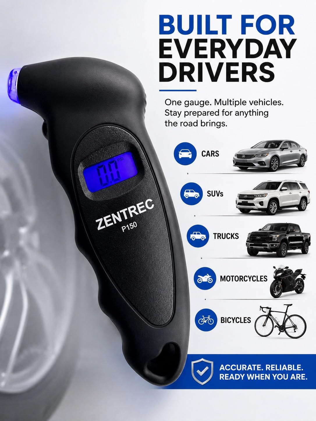 P150 Digital Tire Pressure Gauge – ±1.5 PSI Accuracy, Backlit LCD, Presta & Schrader Compatible for Cars, Trucks, Motorcycles & Bicycles