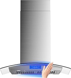 FIREGAS Island Range Hood 30 inch 700 CFM with Chimney, Ceiling Mount Kitchen Vent Hood with Tempered Glass, 4 LED Lights, Touch Control Panel & Gesture Control, Includes Charcoal Filter