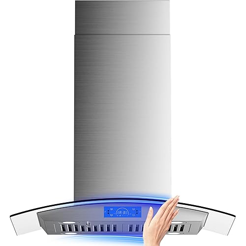 FIREGAS Island Range Hood 30 inch 700 CFM with Chimney, Ceiling Mount Kitchen Vent Hood with Tempered Glass, 4 LED Lights, Permanent Filters, Premium Touch Control Panel, Includes Charcoal Filter