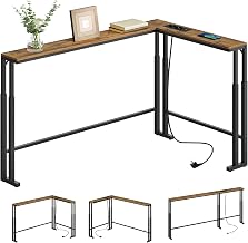 YATINEY 180 cm Console Table with Power Strip, Height Adjustable, L-Shaped | 2 AC, 1 USB-A, 1 Type-C, Narrow Sofa End, Entrance Table, for Living Room, Rustic Brown and Black XCT28CBR