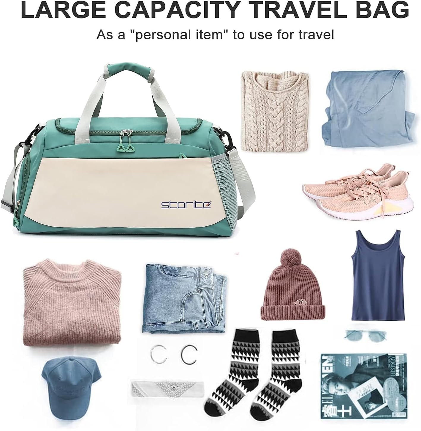 Storite Nylon 51 cms Imported Travel Duffle Bag Muti- Pocket Sports Shoulder Bag for Women with Wet Pocket & Shoe Compartment Weekender Overnight Travel Luggage Bag (Green/White - 51x22x26 cm),, Green