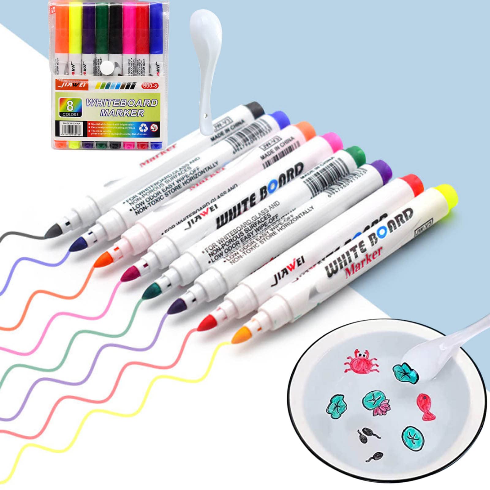 1/2 Set 8-12 Colors Painting Floating Marker Pens, Insoluble in Water Doodle Water Floating Pens, Magic Drawing Pens Set with Ceramic Spoon ​for Kids (8 Colors)