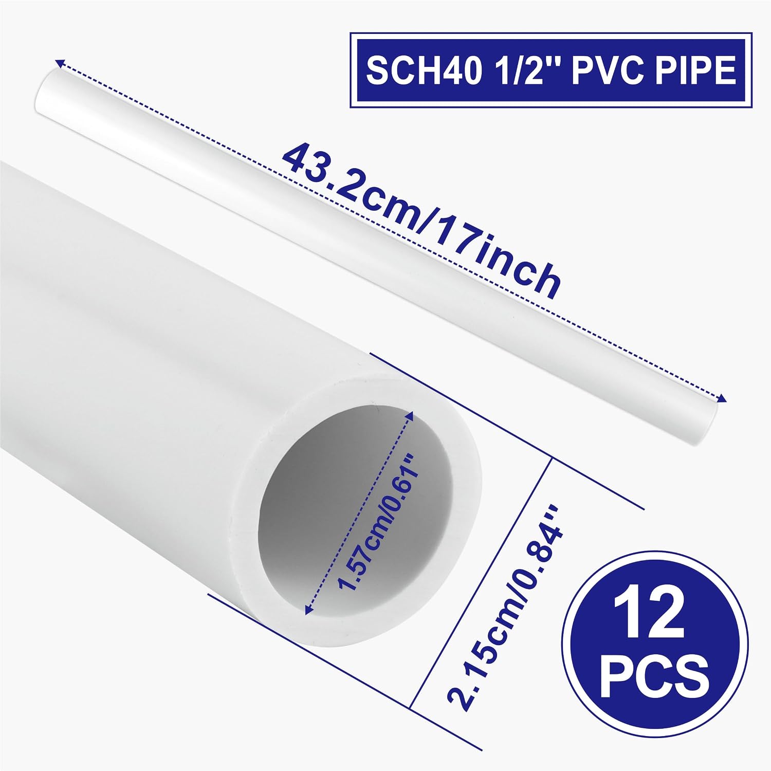 12PCS 1/2 inch PVC Pipe, Length 17” Industry White PVC DIY Pipes for Yard, Farm, Greenhouse, Garden, Furniture Grade for Home, Thickness 3mm