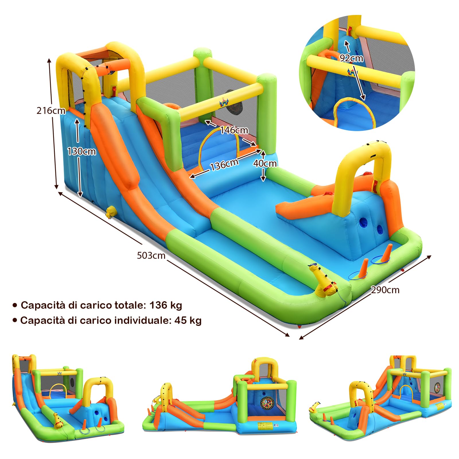 COSTWAY Castello Gonfiabile 8 in 1, Parco Acquatico con Ventilatore