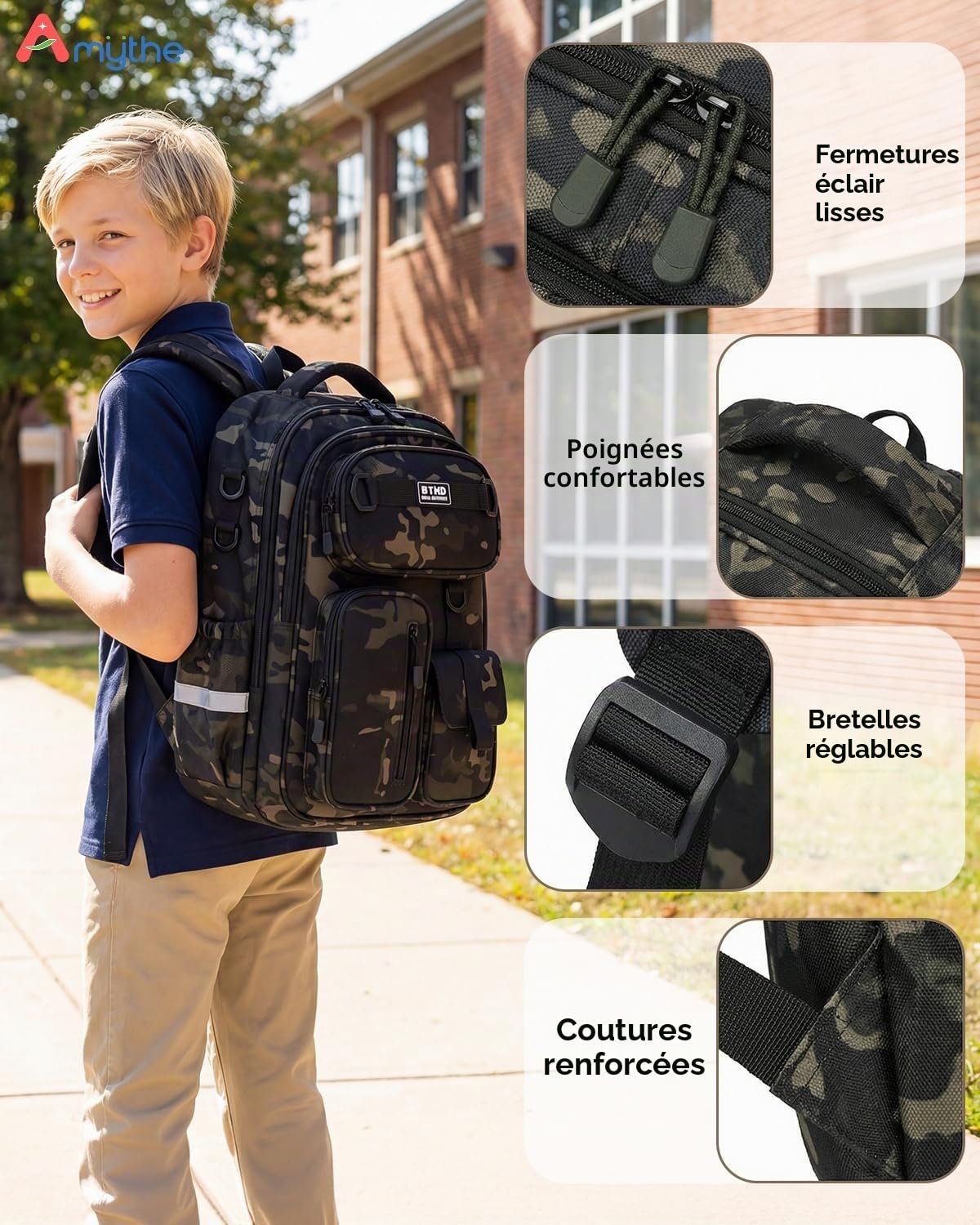 Amythe Cartable Garçon Primaire CE2 CM1 CM2, Camouflage Noir