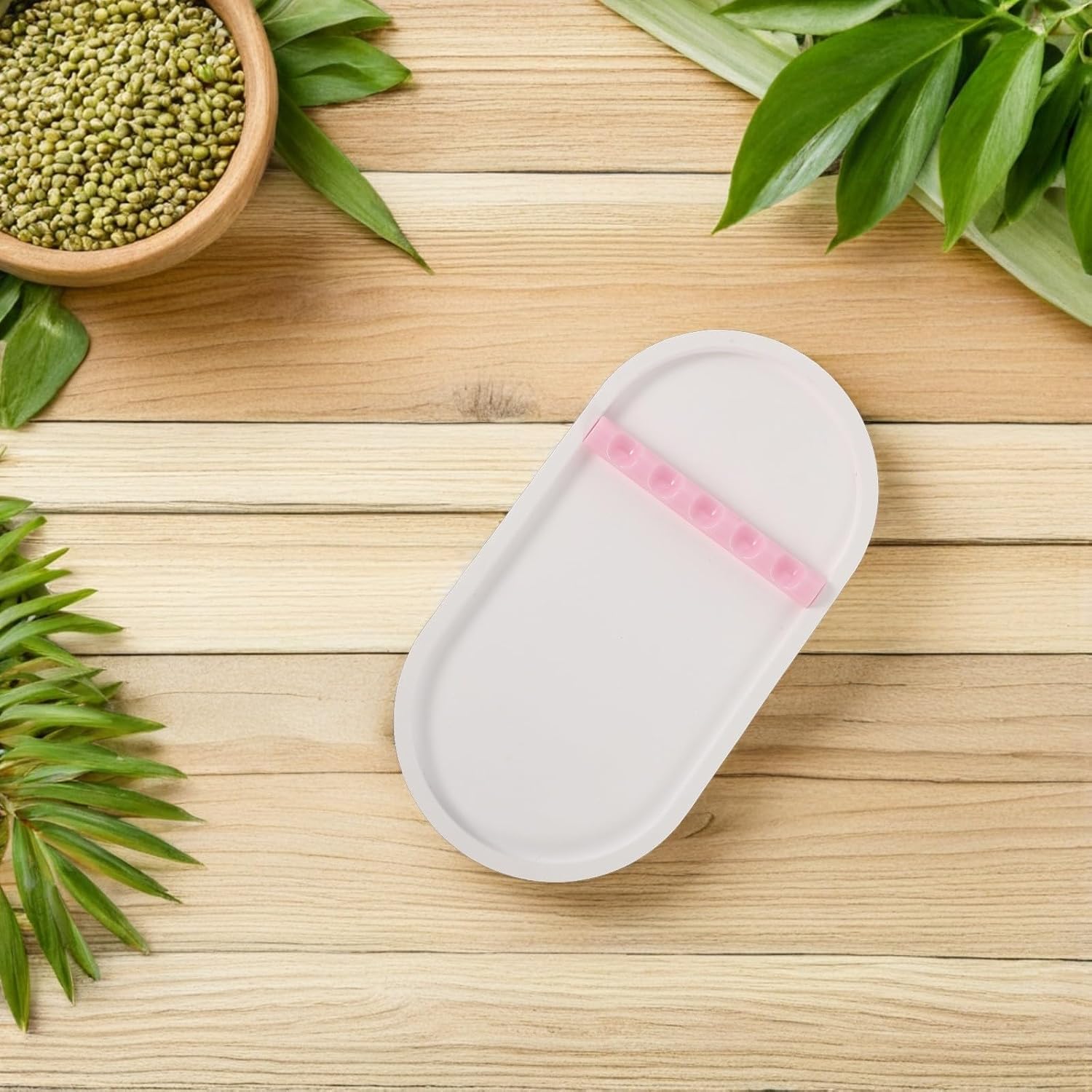Oval Nail Tool Tray with Brush Holder White Plaster Plastic | Desktop Organizer for Home Salon, Prevents Rolling or Spilling, Easy Tool Access, Elegant Oval Shape