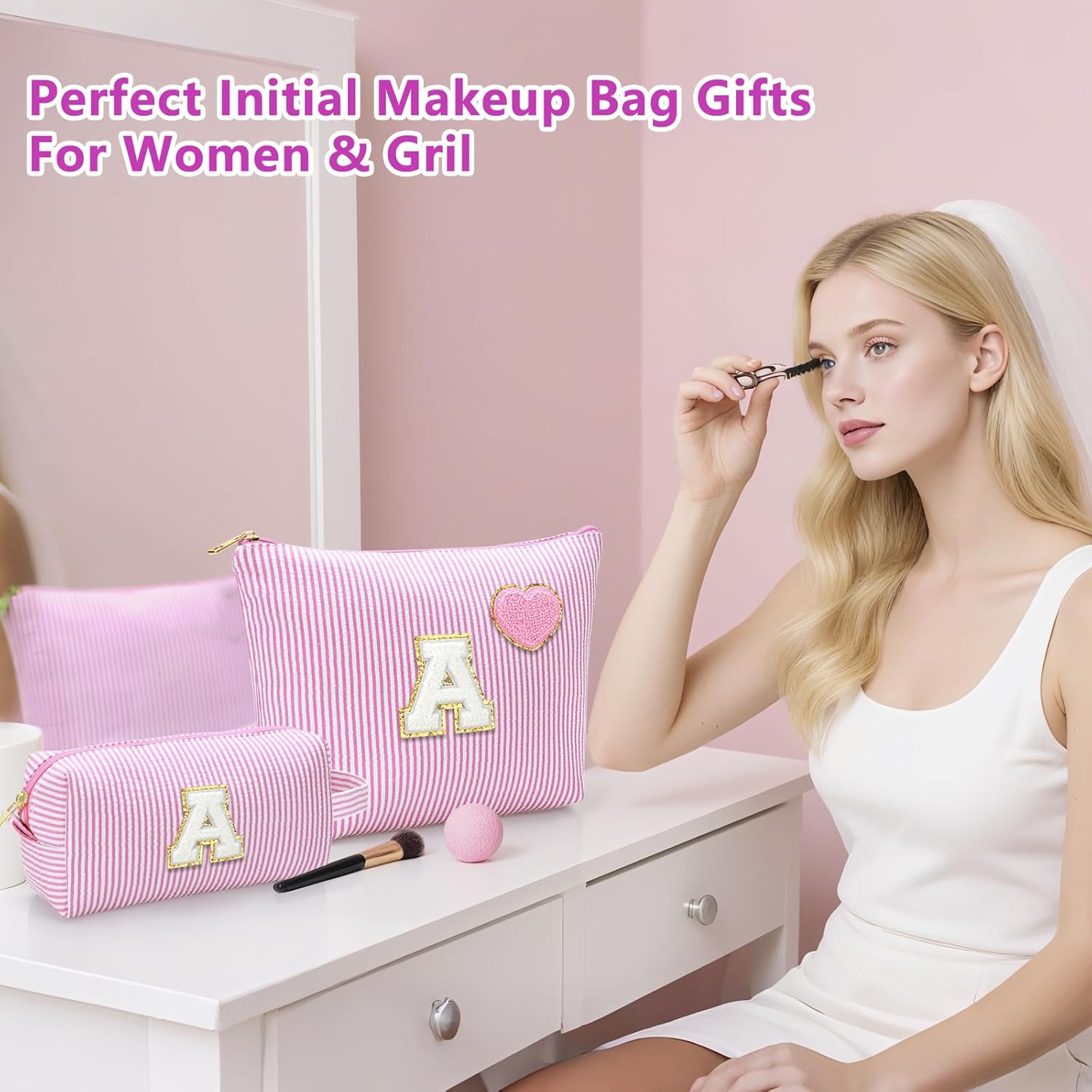 Initial Makeup Bag Personalized Preppy Cosmetic Bag Trendy Toiletry Travel Bag For Teen Girls Kids Women Letter Makeup Pouch Purse Holiday Gifts Birthday Christmas Gifts 2pack (A, Purple) - Image 8