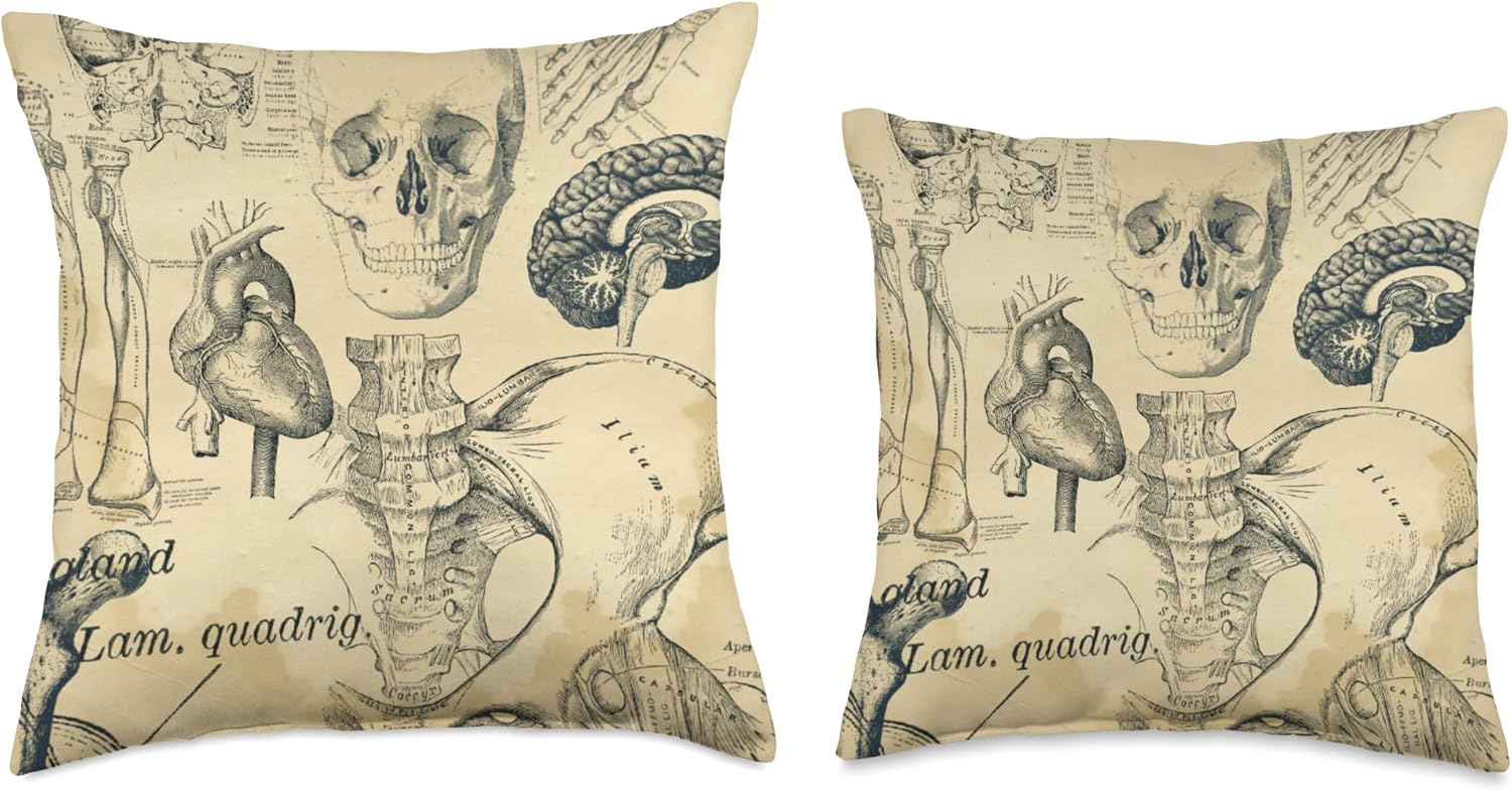 Antique Human Anatomy Vintage Theme Medical Illustrations Throw Pillow
