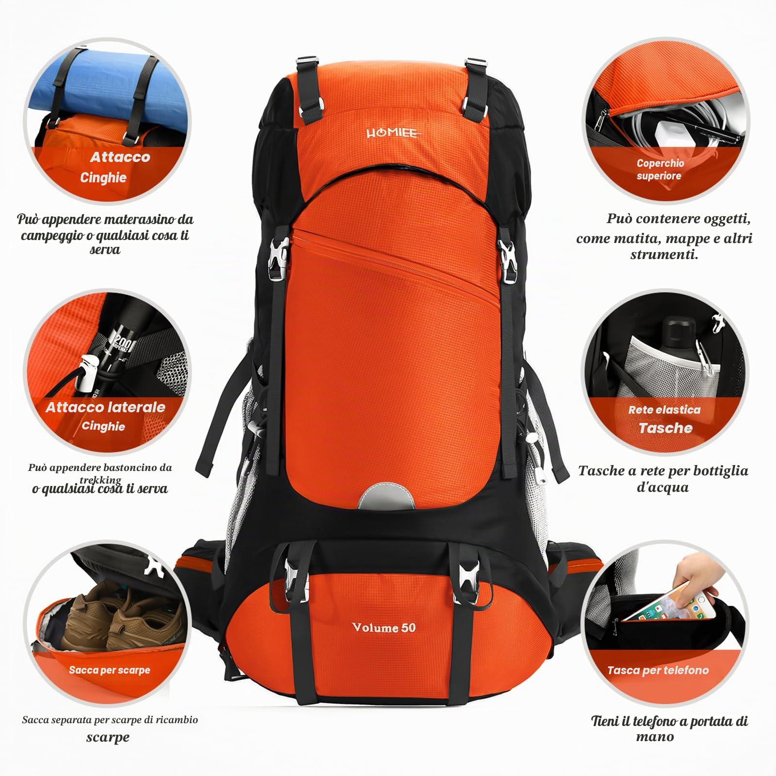 HOMIEE Zaino da Trekking 50L 60L Zaini da Escursionismo Zainetto Leggero Zaino Viaggi di Campeggio Montagna con parapioggia Zaino per Alpinismo Impermeabile Daypack da Arrampicata