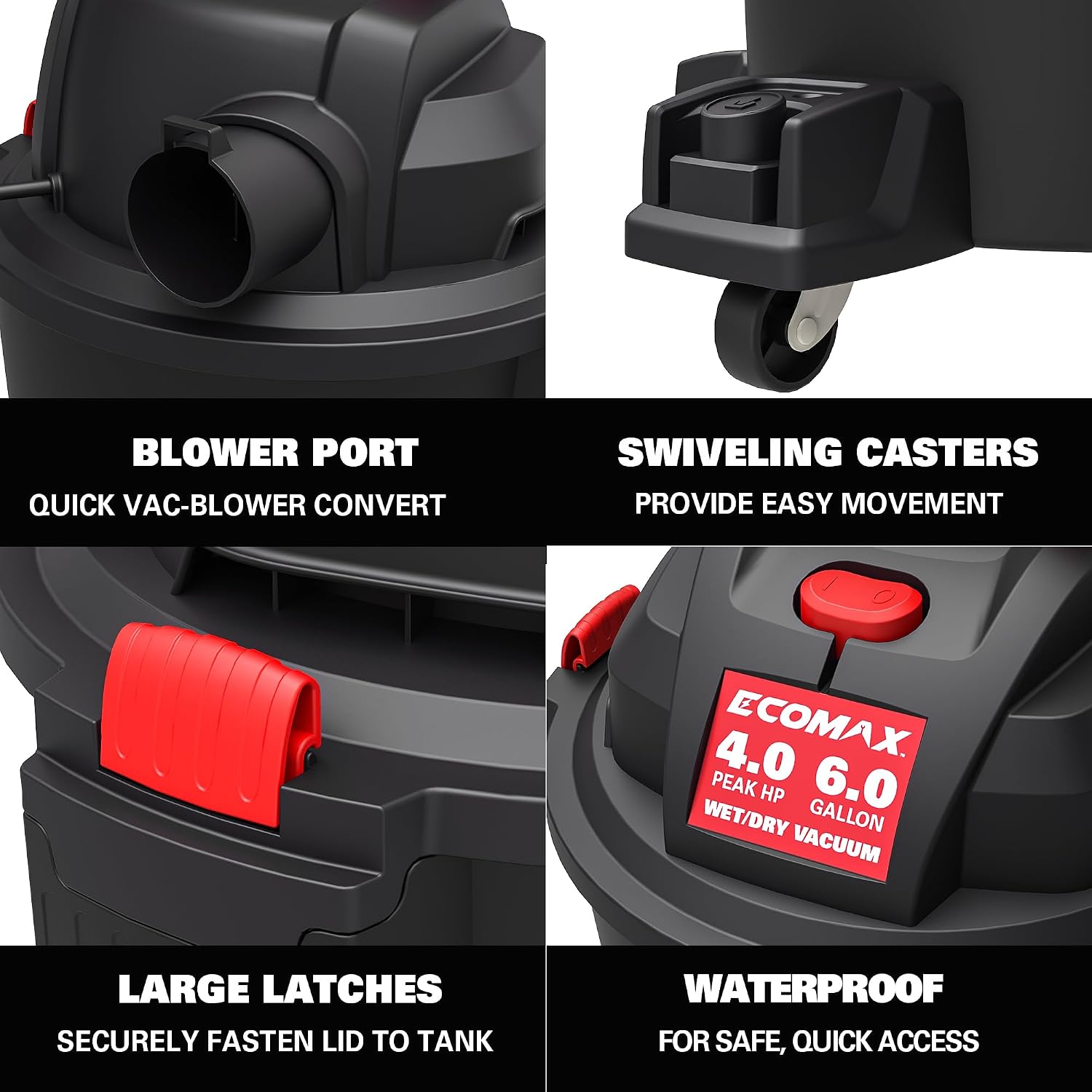 ECOMAX Shop Vacuum Wet/Dry 6 Gallon, 4 Peak HP, Wet/Dry Vac with Powerful Suction, with Air Flow 85 CFM, 3-in-1 Wet/Dry/Blow, Heavy Duty Shop Vacuum, for Home, Workshop, Jobsite, EM18116P