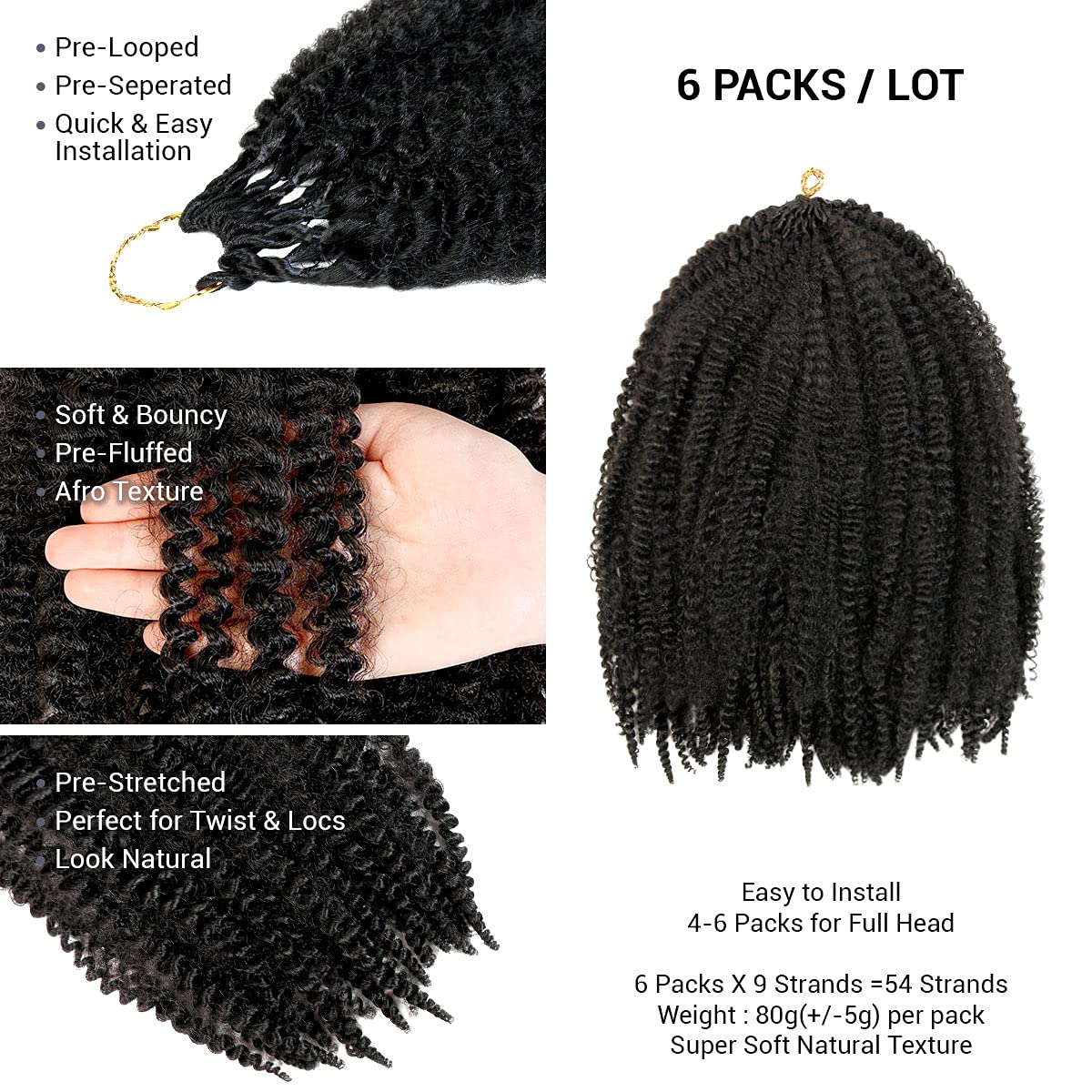 AU-THEN-TIC 18 Inch 8 Pack Afro Kinky Twist Braid Hair Pre Looped Springy Long Braiding Hair for Twist Crochet Braid Synthetic Hair Extensions (18 Inch (8 Pack), 1-Jet Black)