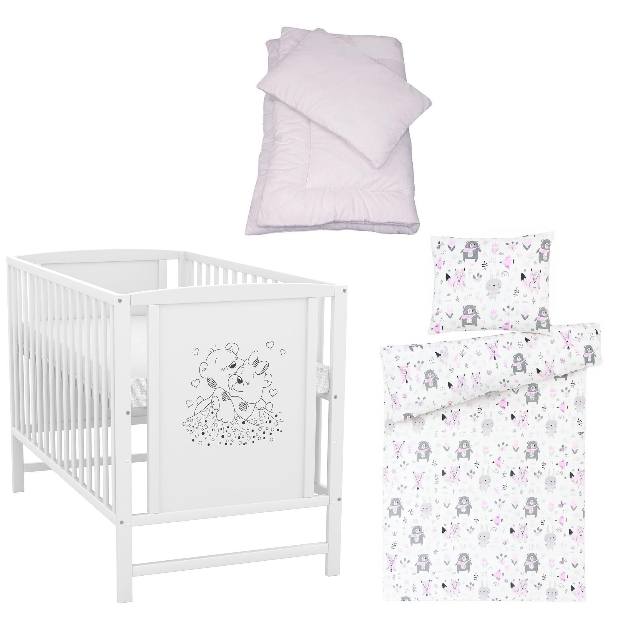 Generisch Baby-Delux Babybett 60x120 cm Mia Kinderbett Komplett Set weiß Matratze Bettwäsche (Waldtiere rosa)