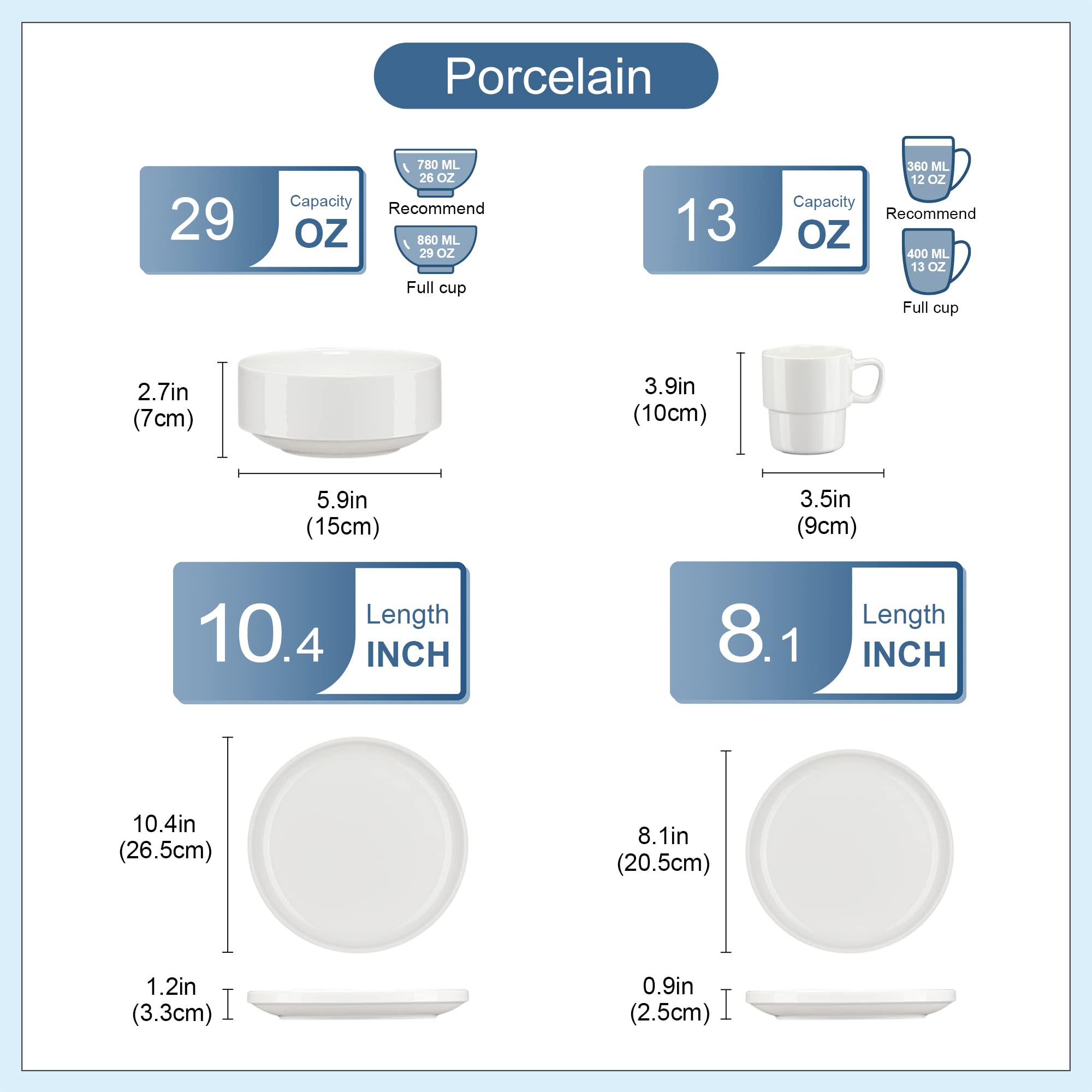 LOVECASA, Série SWEET, 32 Pcs Service de Table Porcelaine en Forme de Bord Debout, Service Complet Empilable pour 8 Personnes, Assiette Plate, Assiette à Dessert, Bols, Tasse Mug - Blanc