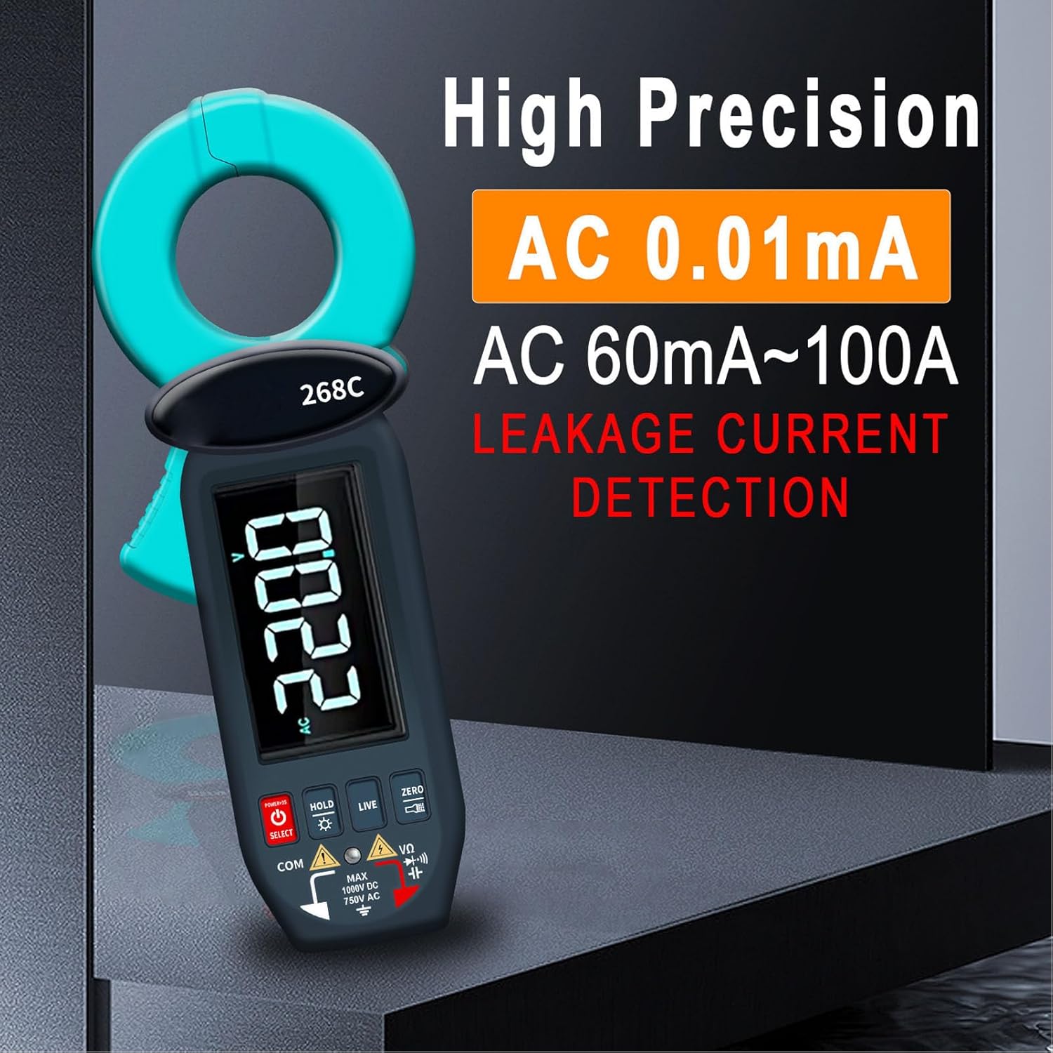 True RMS Clamp Meter, 5999 Counts AC DC Current Voltage Tester with Rotatable LCD Screen and Auto Recognition, for Leakage Current Detection and Multifunctional Electrical
