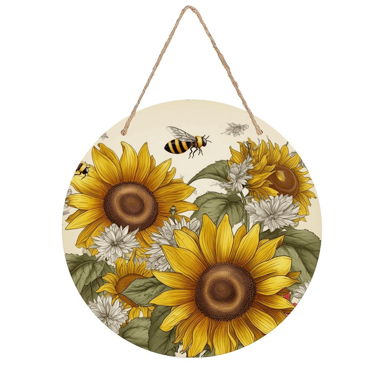 VstaDank Bees Sunflowers Daisy Rose Flowers Wall Decor Round Wood Hanging Sign 7.9x7.9 in Wooden Circle Door Hanger with Ropes, Rustic Wall Art Decor for Home Front Door Indoor Outdoor Decoration