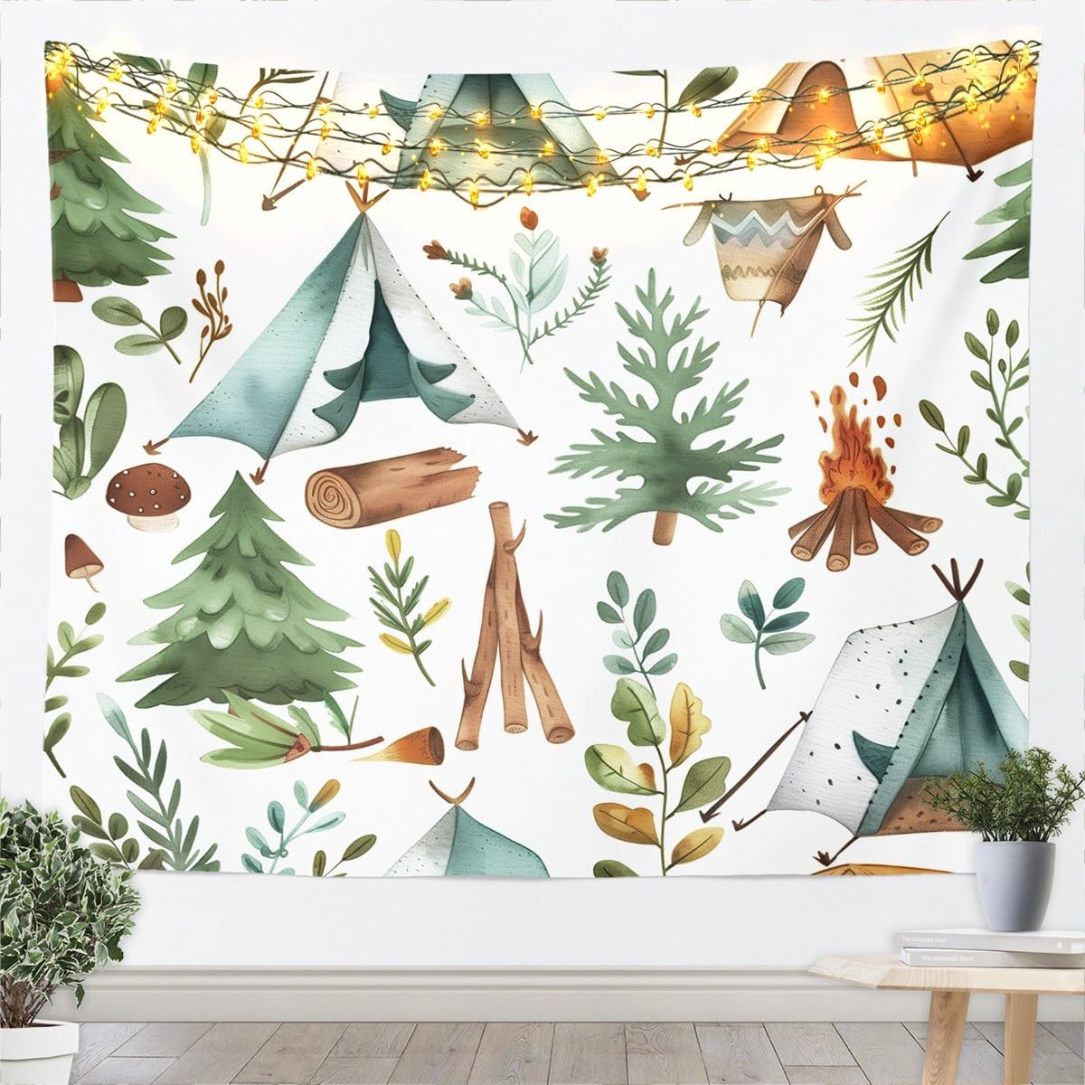 Happy Camping Tapestry Camper Tent Campfire Print Tapestries for Bedroom,Watercolor Green Pine Trees Wall Hangings Art Style Home Decorative Gift for Living Room,(Small 51.2"x59.1")
