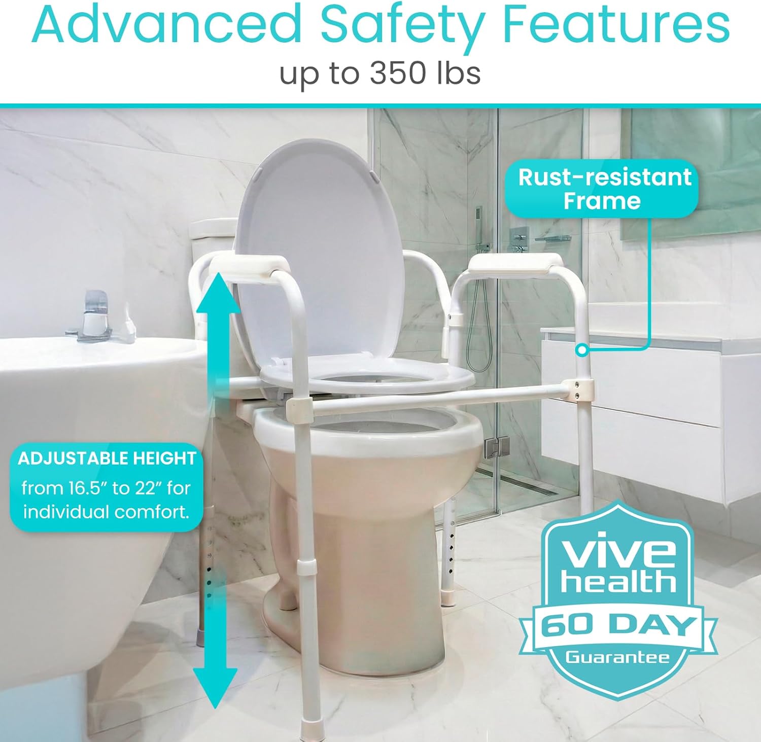 Vive Bedside Commode Toilet Chair (Folding) - 350 lb Capacity, Safety Rail, Shower Chair - 3 in 1 Heavy Duty Bariatric Bucket with Padded Arms, Tight Lid – Portable Seat for Home - Steel
