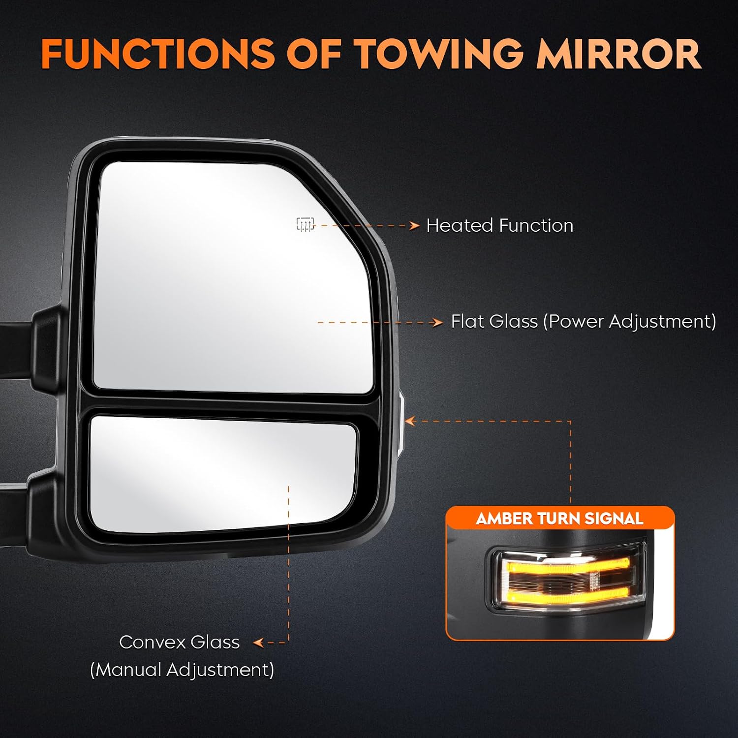 Youxmoto Towing Mirrors fit for Ford F150 2015 2016 2017 2018 2019 2020 Pickup Truck Mirrors, Heated, Turn Signal Light, Manual Folding & Extending; Left+ Right Side Mirrors; Fits 8 Pin Plug; Black