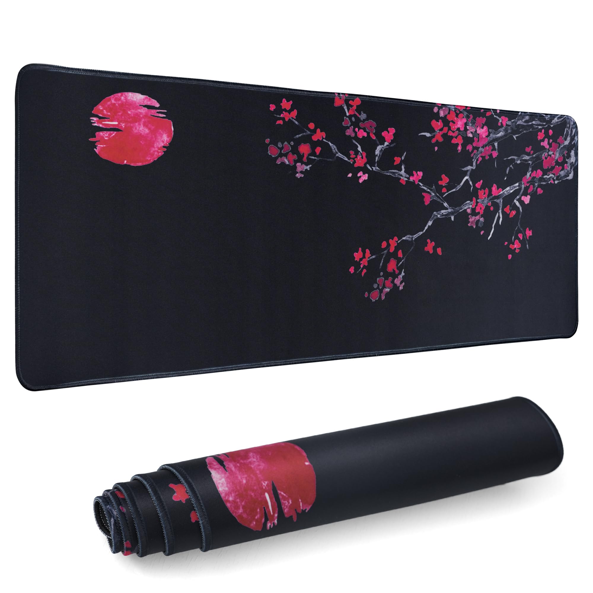 Large Gaming Mouse Pad, Big Desk Mat for Keyboard and Mouse, Full Desk Pad for Office Computer Laptop PC, Long Mouse Mat for Desk, Black Cherry Blossom,Portable Aesthetic Non Slip Waterproof Pretty