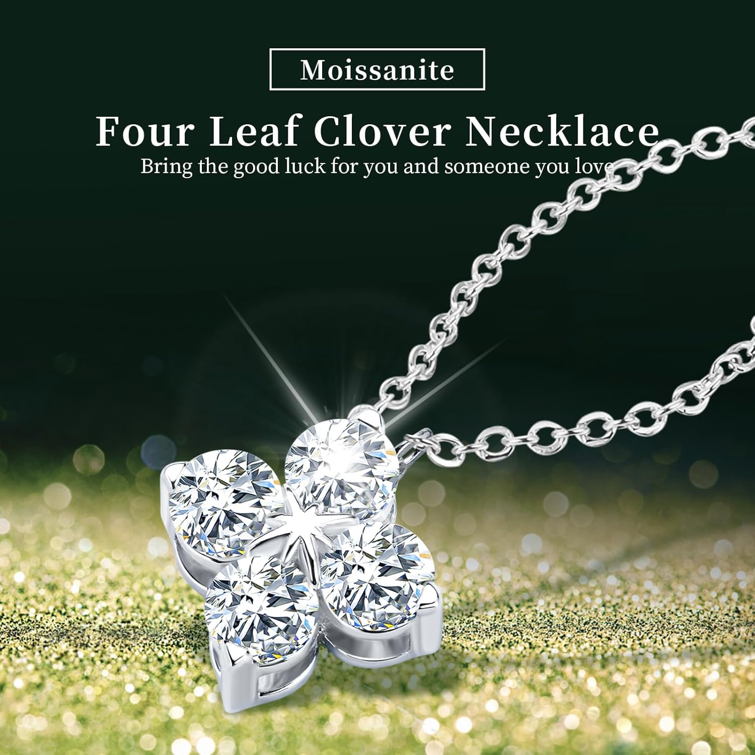 Moissanite Necklace for Women 925 Sterling Silver V-shaped/Four Leaf Clover Pendant Lab Created Imitation-diamond Necklaces with 18K White Gold Plating Jewelry - Image 3