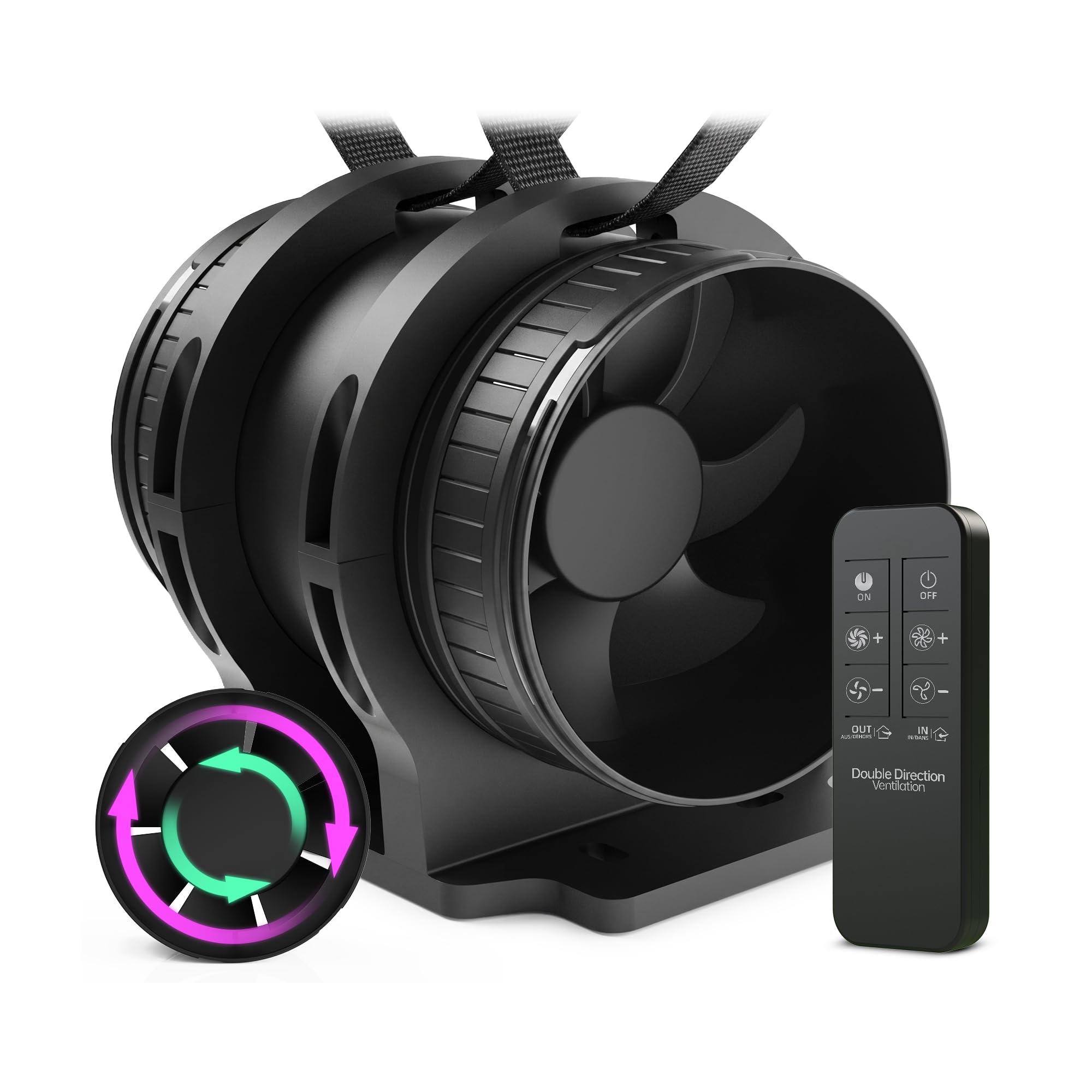 Ventilateur de Conduit Bidirectionnel, 6 Vitesses, Télécommande – Silencieux avec Protection Contre la Surchauffe, VMC Salle de Bain WC Serre Tente, Extracteur d'Air 100mm (avec Support)