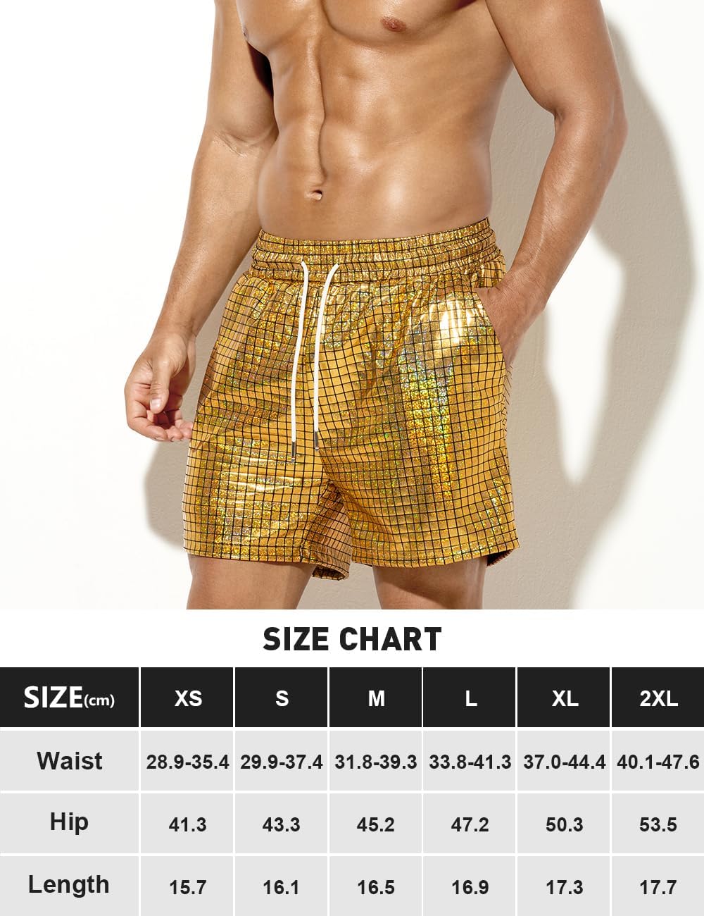 Arjen Kroos Men's Metallic Holographic Rave Shorts Sparkly Disco Party Shorts with Drawstring for Music Festival,Halloween