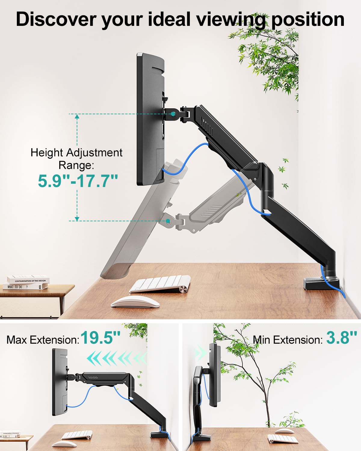 Soporte de escritorio para monitor individual, brazo ajustable de monitor de movimiento completo de 19 a 34 pulgadas, soporte para monitor de computadora con abrazadera y base de ojales, se adapta a