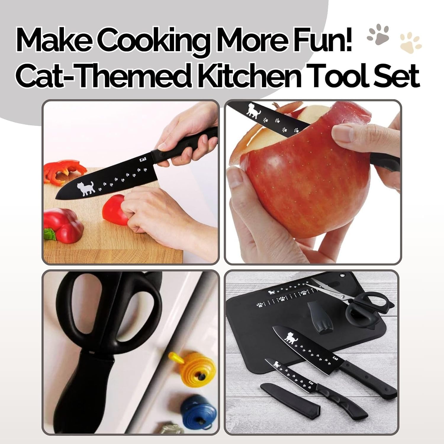 Cute Kawaii Cat-Themed Santoku Knife & Fruit Knife & Kitchen Scissors & Soft Cutting Board & Microfiber Towel Set AB5801,DH2722,DH2721,AP5180