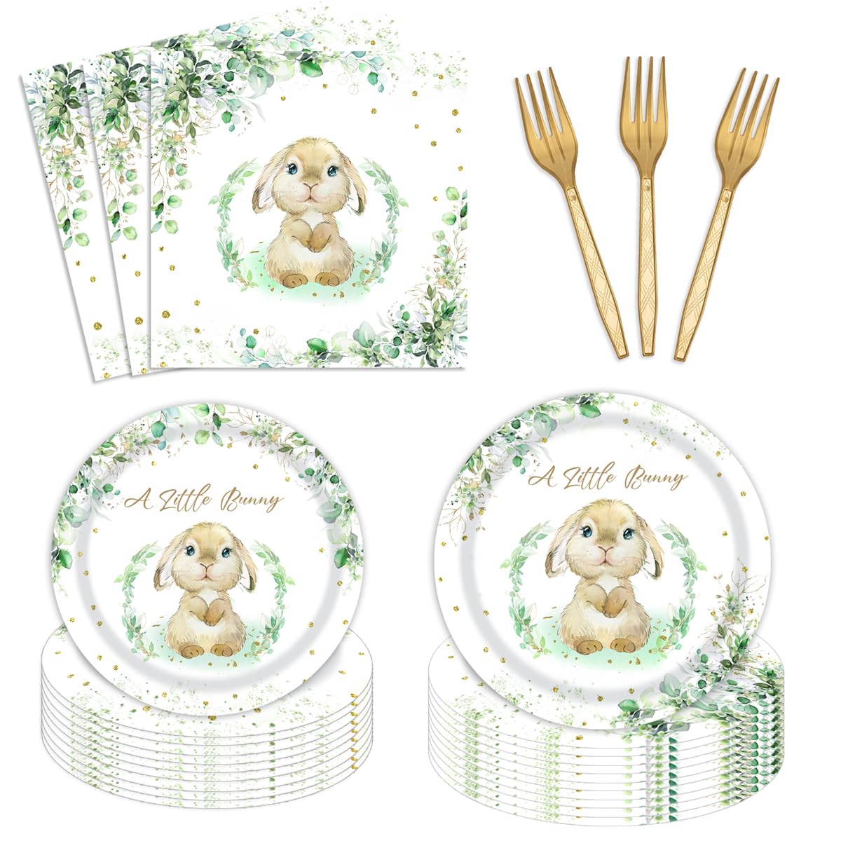 96 Pcs Bunny Party Tableware Set Spring Easter Eucalyptus Rabbit Party Supplies Set 24 Guests Plates Paper Napkins Plastic Forks for Birthday Baby SAYwer Party