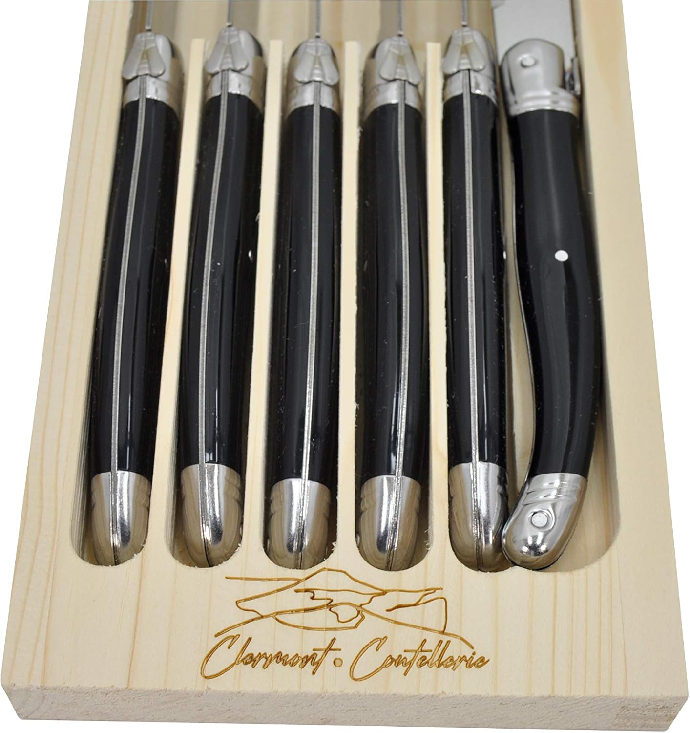 Laguiole Serrated Edge Sharp Premium Dishwasher Safe Full Tang Stainless Steel 6-Piece Steak Knife Set, Elegant Black Handle by Clermont Coutellerie