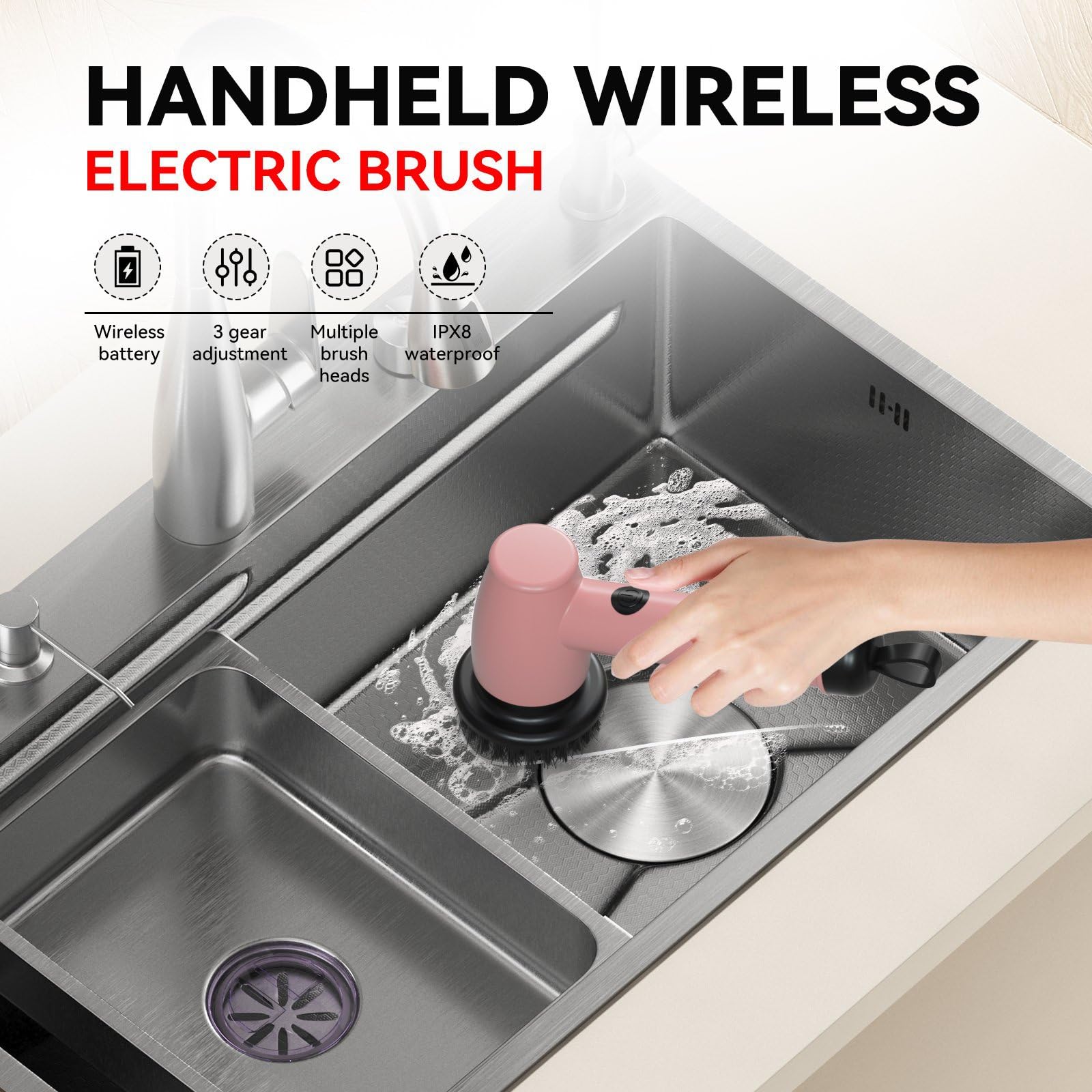Spazzola per Pulizia elettrica, Scrubber Elettrico, Regolazione a 3 Marce, testine Multiple - per Cucina, Bagno, finestre, Pulizia della casa e Lavaggio Auto - Impermeabile Ipx8