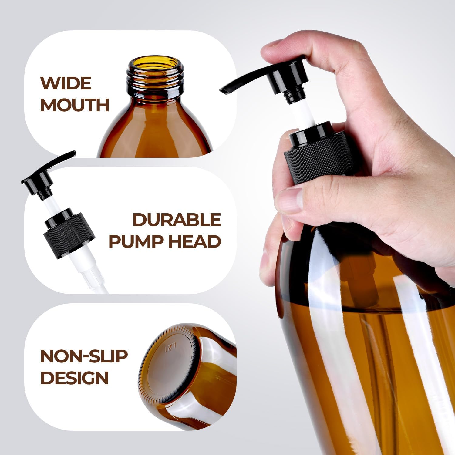 16 oz Amber Glass Soap Dispenser with Pump, Glass Pump Bottle for Lotion Body Oil, 500ml Hand and Dish Soap Dispensers Set with Storage Caps, Labels - 2 Pack - Image 5