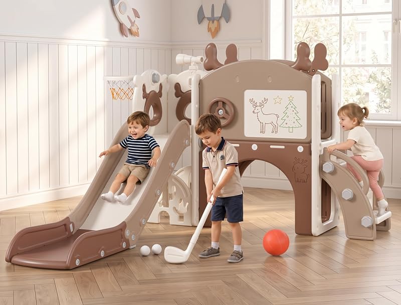 Tobogán para niños pequeños: tobogán 11 en 1 para niños pequeños de 1 a 3 años, interior y exterior con aro de baloncesto, juego de dibujo de golf, tema de alce de fácil montaje (beige y marrón rosado) (54 × 62 × 39 pulgadas)