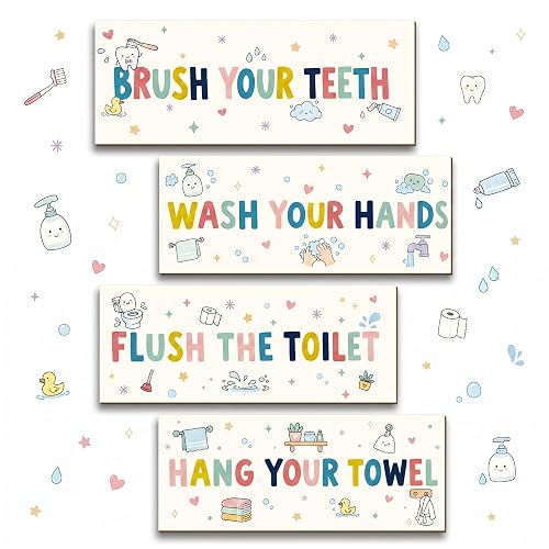Colorful Bathroom Decor, Bathroom Rules Wall Art, 4Pack, Wooden