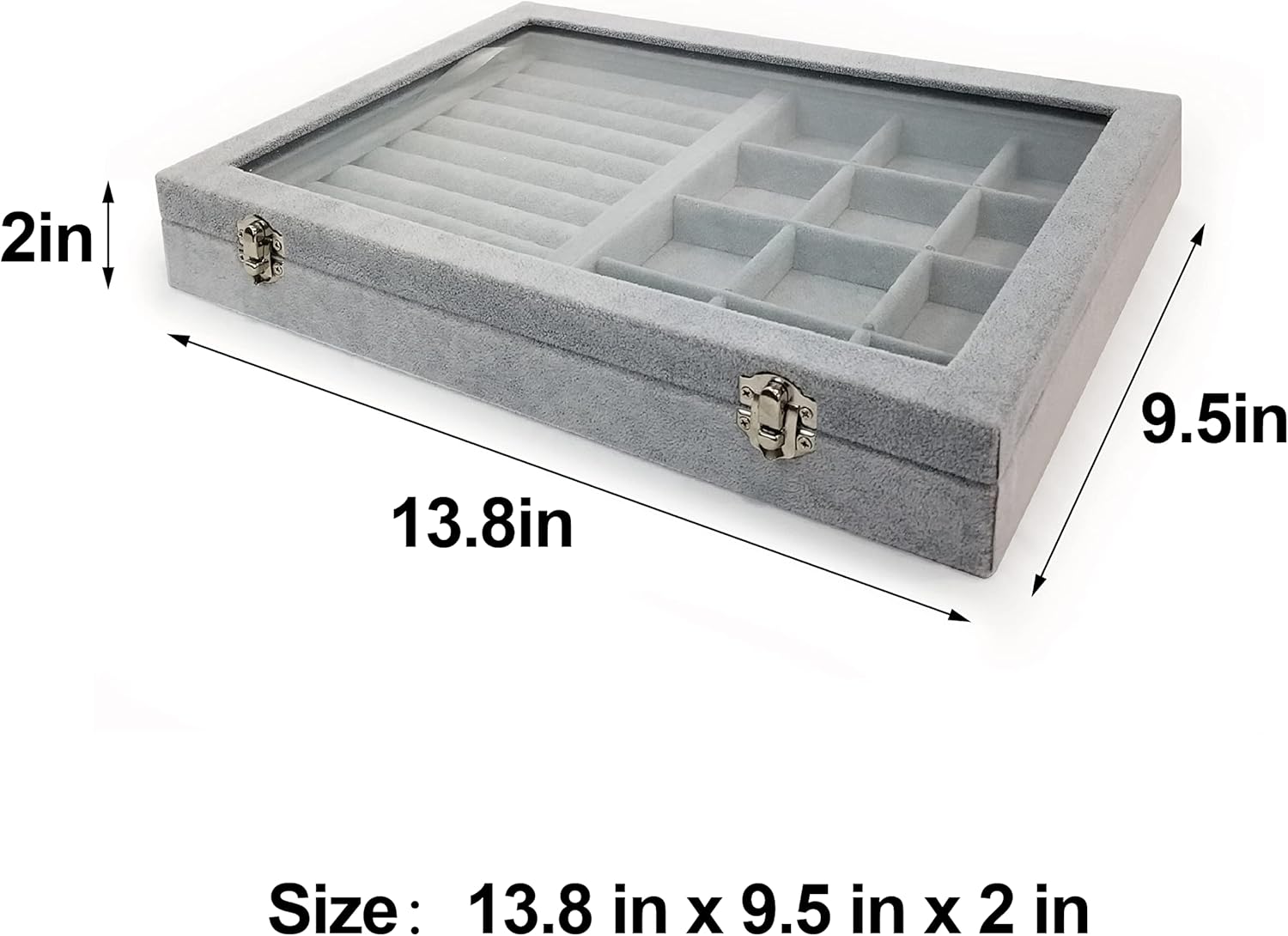 Ice Velvet Rings Organizer Box Mix 12 Grids Jewelry Tray Display Showcase with Clear Lid and Lock Grey