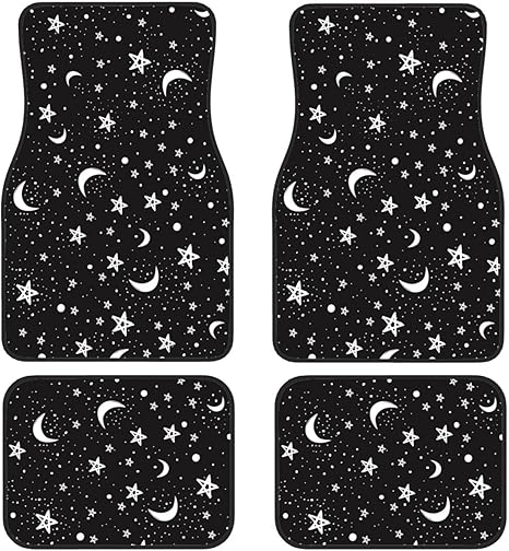 Car Floor Mats Set of 4 Black White Moon and Star Pattern Non-Slip Carpet Decorative Universal Fit SUV Truck Van for Women Men