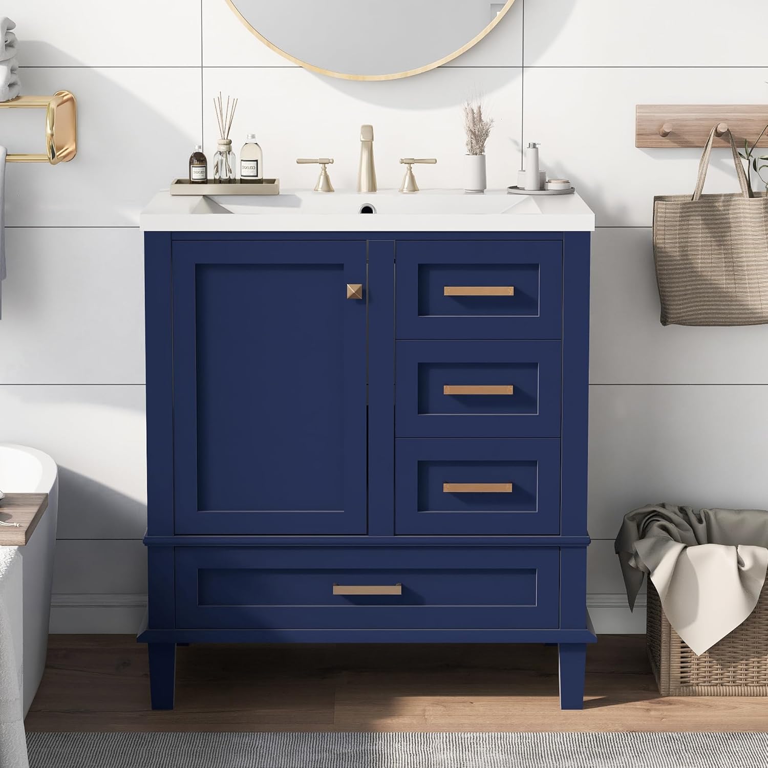 Merax 30 in Bathroom Vanity with 3 Drawers and 3 Doors, Wood Single Sink Bathroom Vanity, Modern Blue Bathroom Vanities Sink Cabinet Floor Standing Combo Set