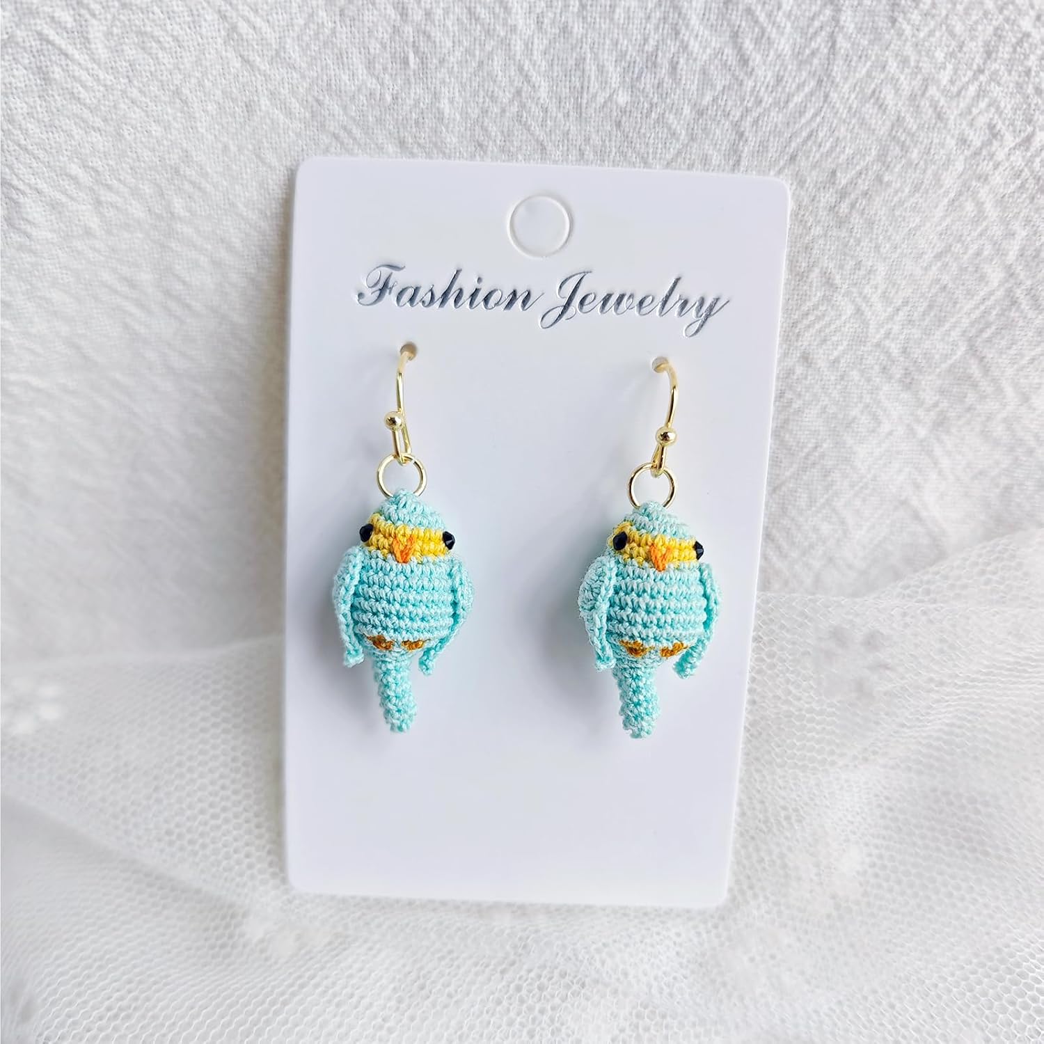 Hand-crocheted yellow and blue parrot earrings, miniature crocheted artistic cute playful parrot gifts accessories