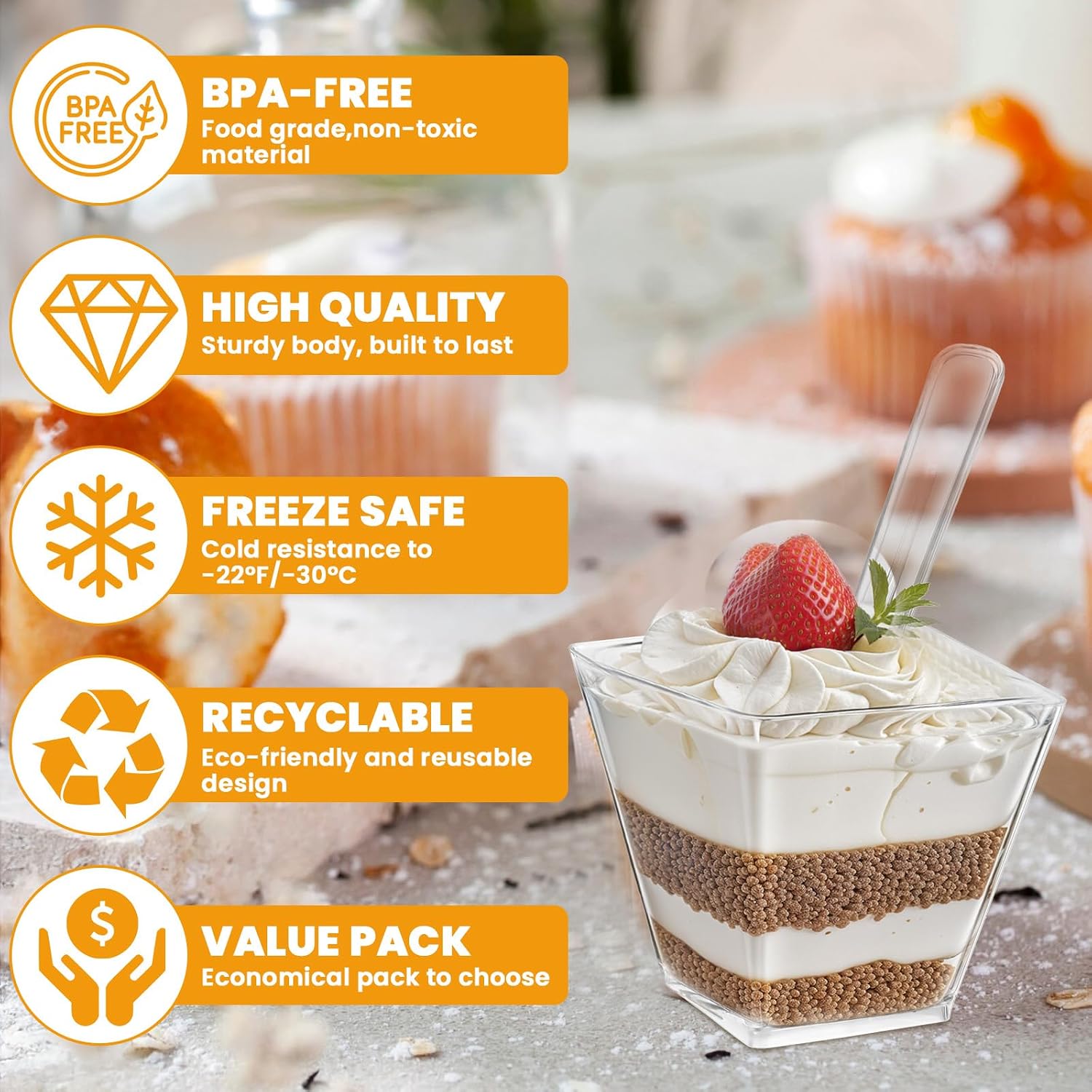 50 Pack 2 oz Square Dessert Cups with Spoons, Clear Dessert Shooter Cup Mini Serving Appetizer Cups for Yogurt, Parfait, Pudding and Jello, Serving Bowls for Tasting Party Samples